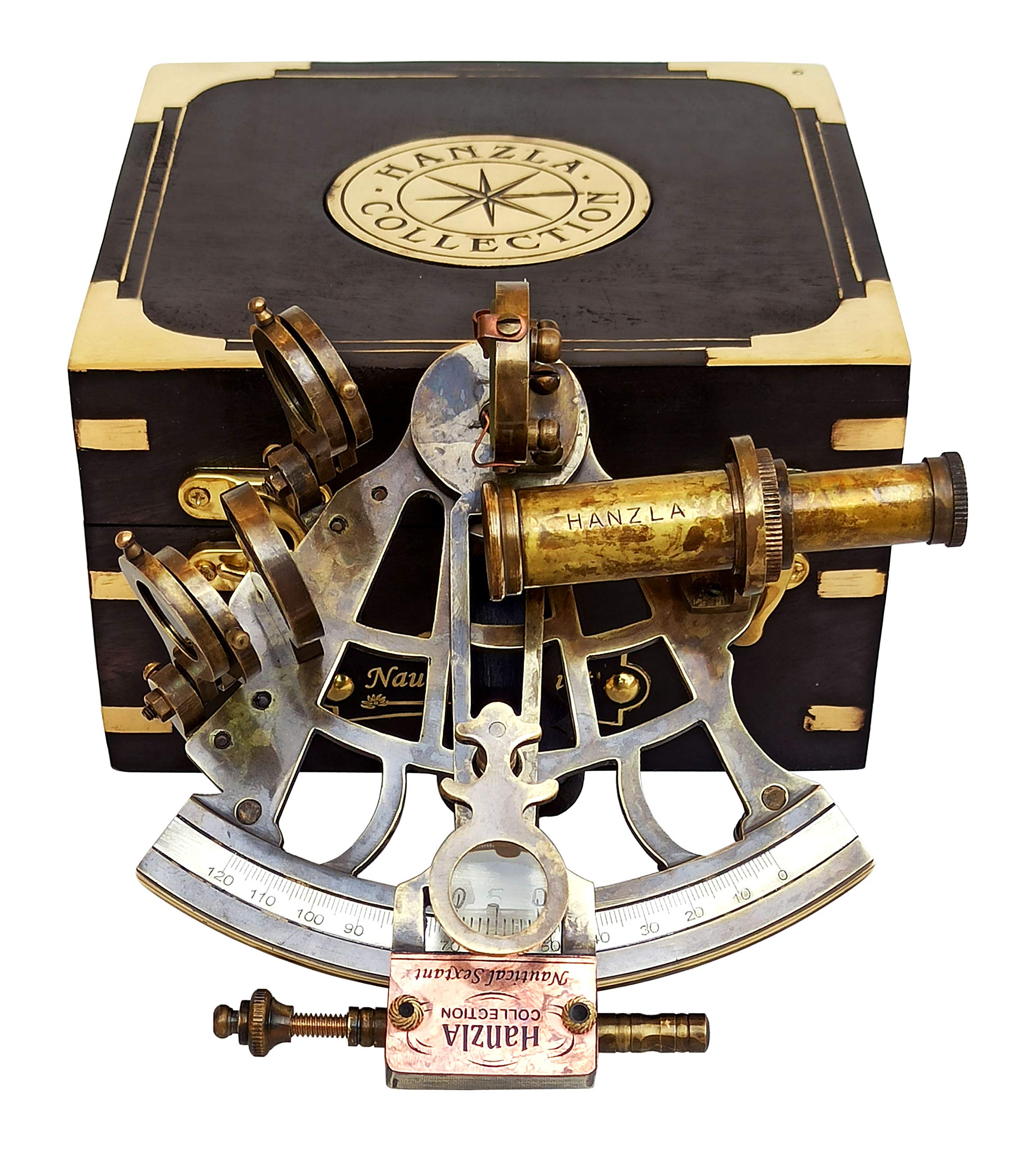 Hanzla Collection Brass Sextant for Navigation with Inbuild Compass Vintage Nautical Brass Sextant J. Scott Antique Sextant with