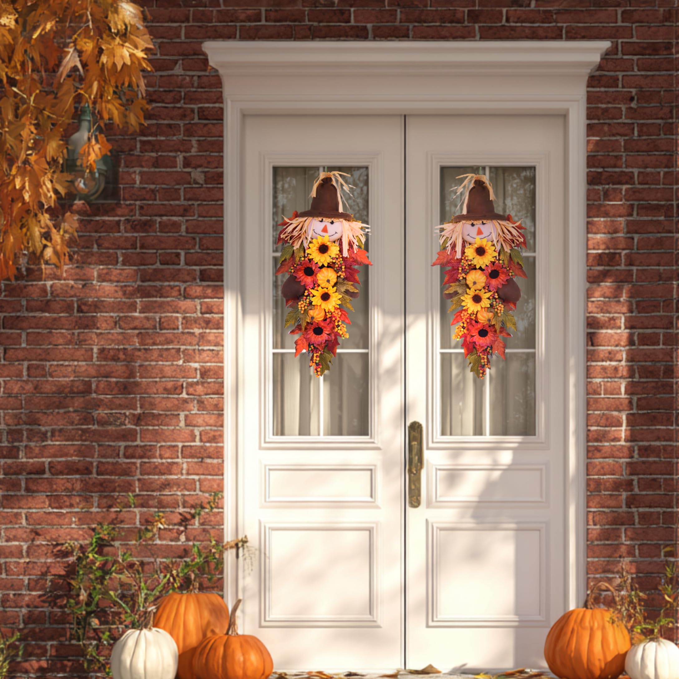 24 Rustic Fall Scarecrow Teardrop Swag - Farmhouse Sunflower & Pumpkin Wreath - Autumn Harvest Hanging Decor for Front Door, Wal