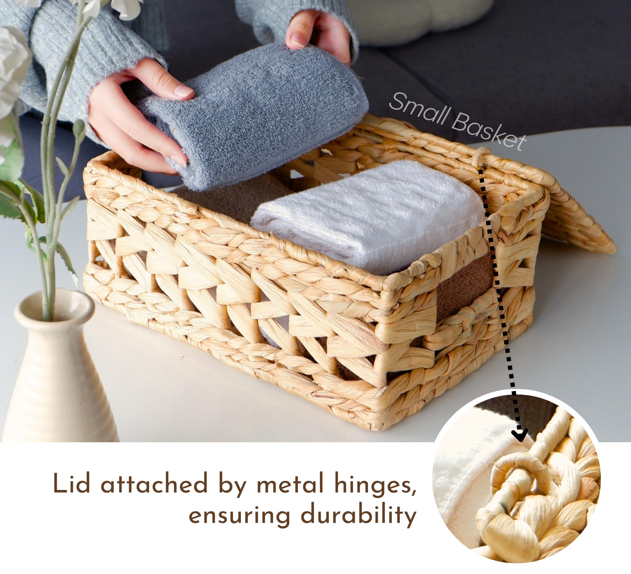 Chi An Home 14 Inch Wicker Storage Baskets With Lids, Set Of 3 Rattan Lidded Hyacinth Baskets For Organizing, Woven Large Rectan