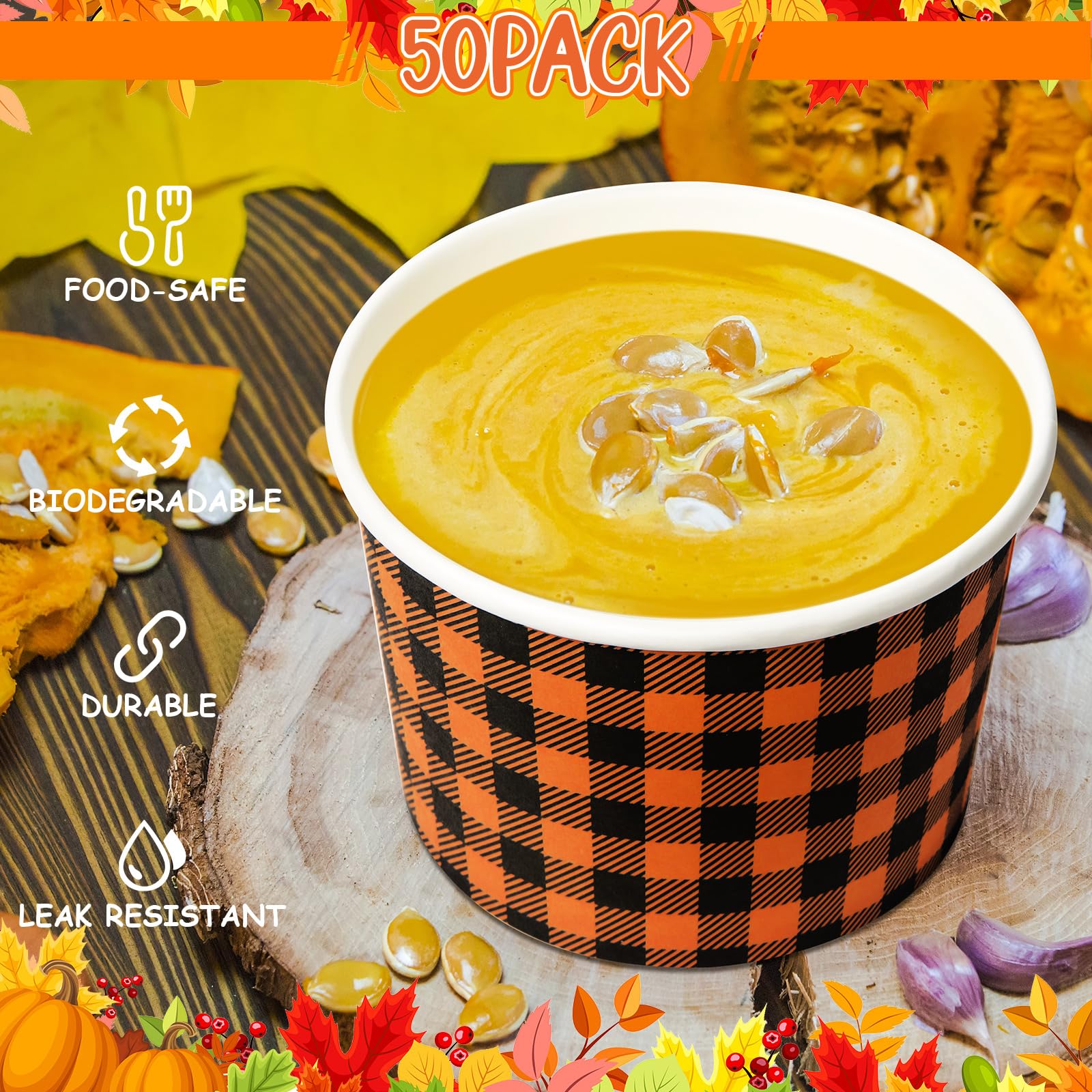 Potchen 50 Pack 9 oz Fall Soup Bowls Disposable Paper Cups Fall Themed Disposable Dessert Bowls Gingham Paper Snack Cups for Hot