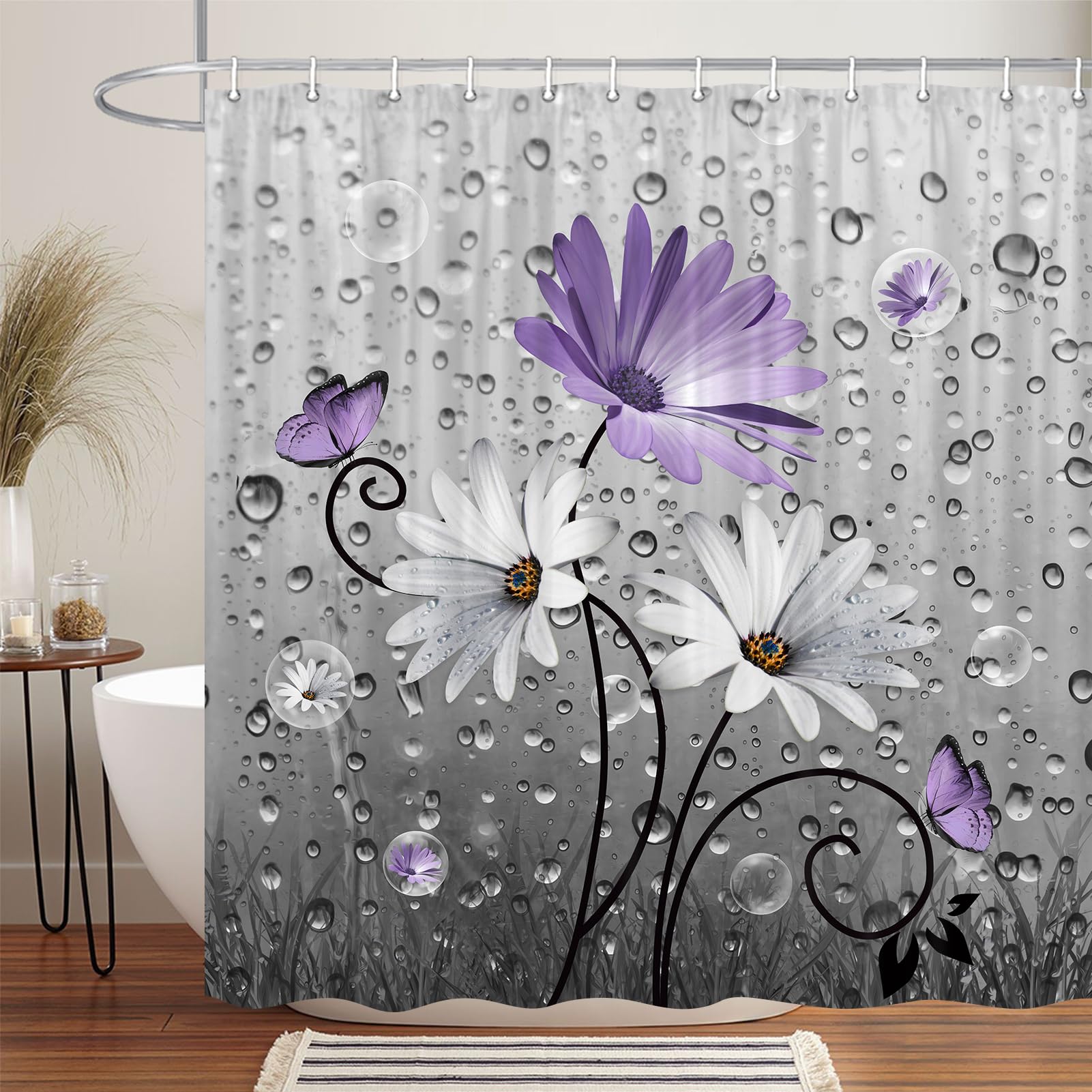 Xguatan Rustic Farmhouse Purple Floral Shower Curtain, Farm Daisy Flowers And Butterfly Shower Curtain For Bathroom, Country Vio