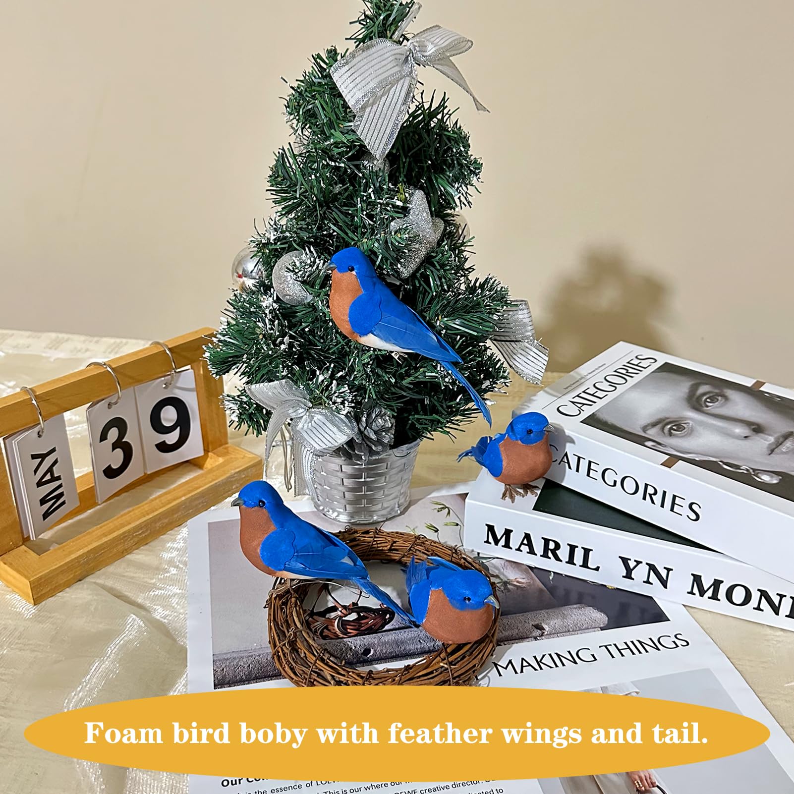 LWINGFLYER Artificial Birds Realistic Blue Birds 2 Pack Clip on Foam Feathered Bird Ornaments Figurines for Christmas Tree Decor