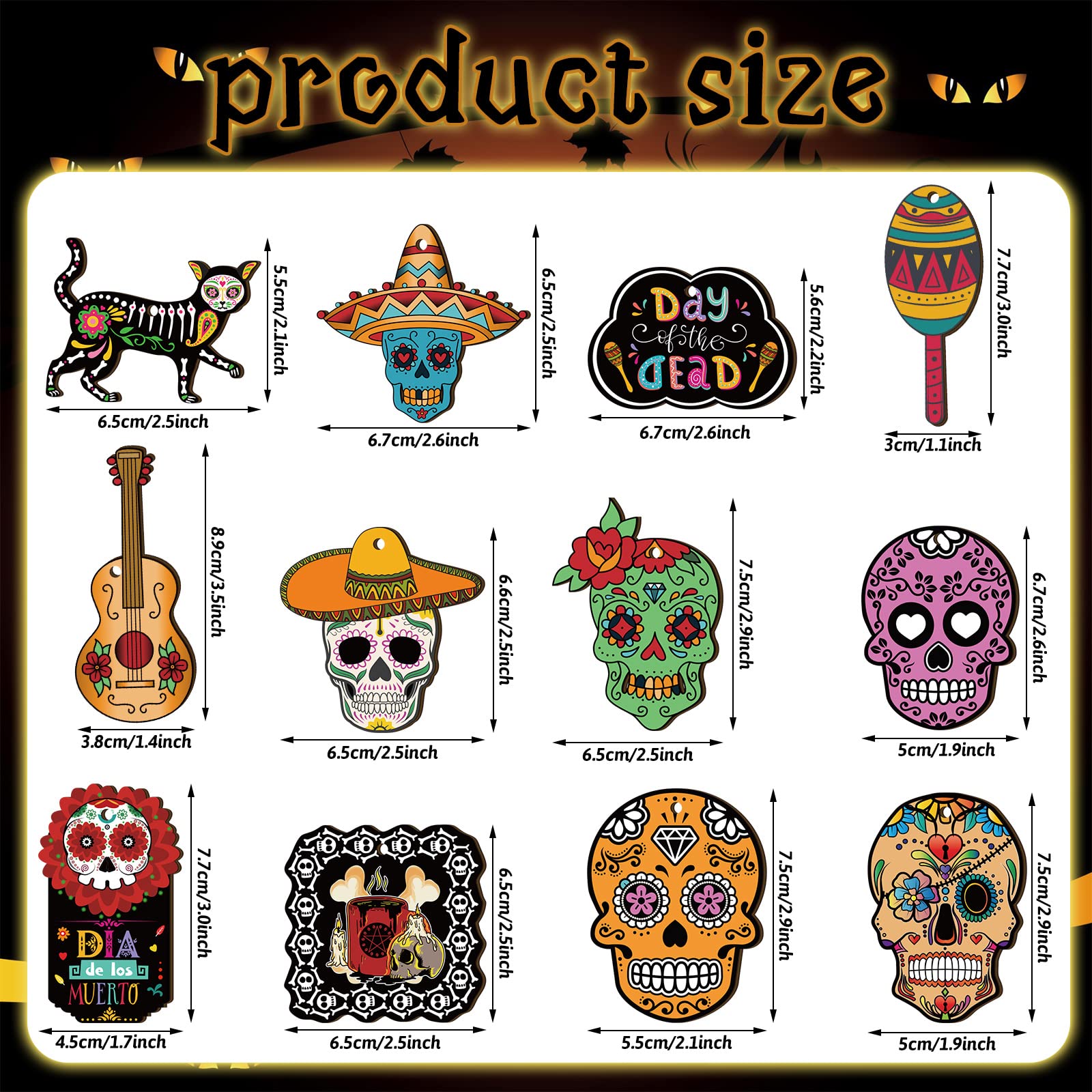 36 Pieces Day of The Dead Sugar Skull Halloween Wooden Ornaments Ghost Hanging Outdoor Skeleton Cats Wood Decorations for Mexica