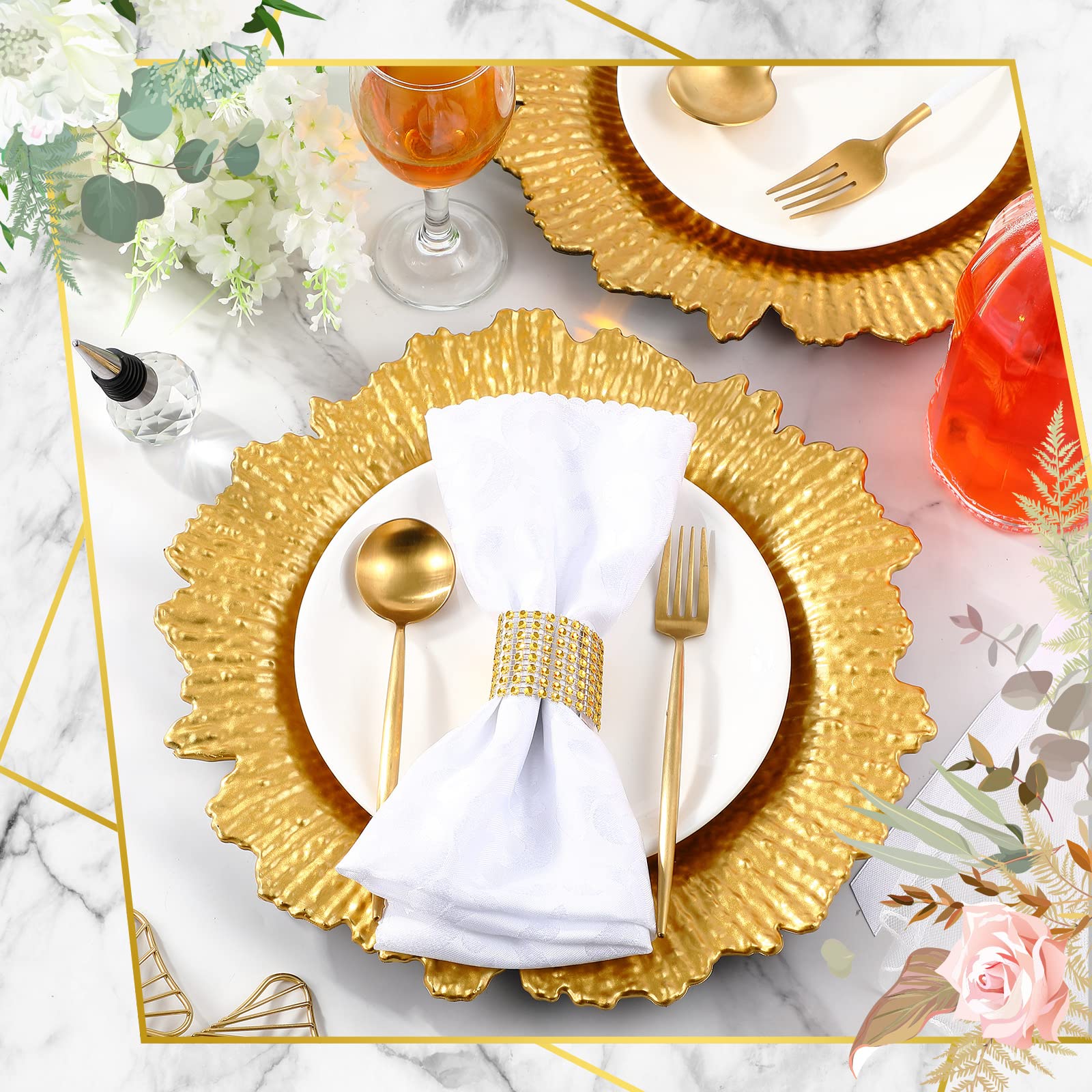 Rtteri 50 Pcs 13 Inch Charger Plates Bulk, Plastic Charger Plates with Floral Reef Design, Round Ruffled Rim Decorative Dinner T