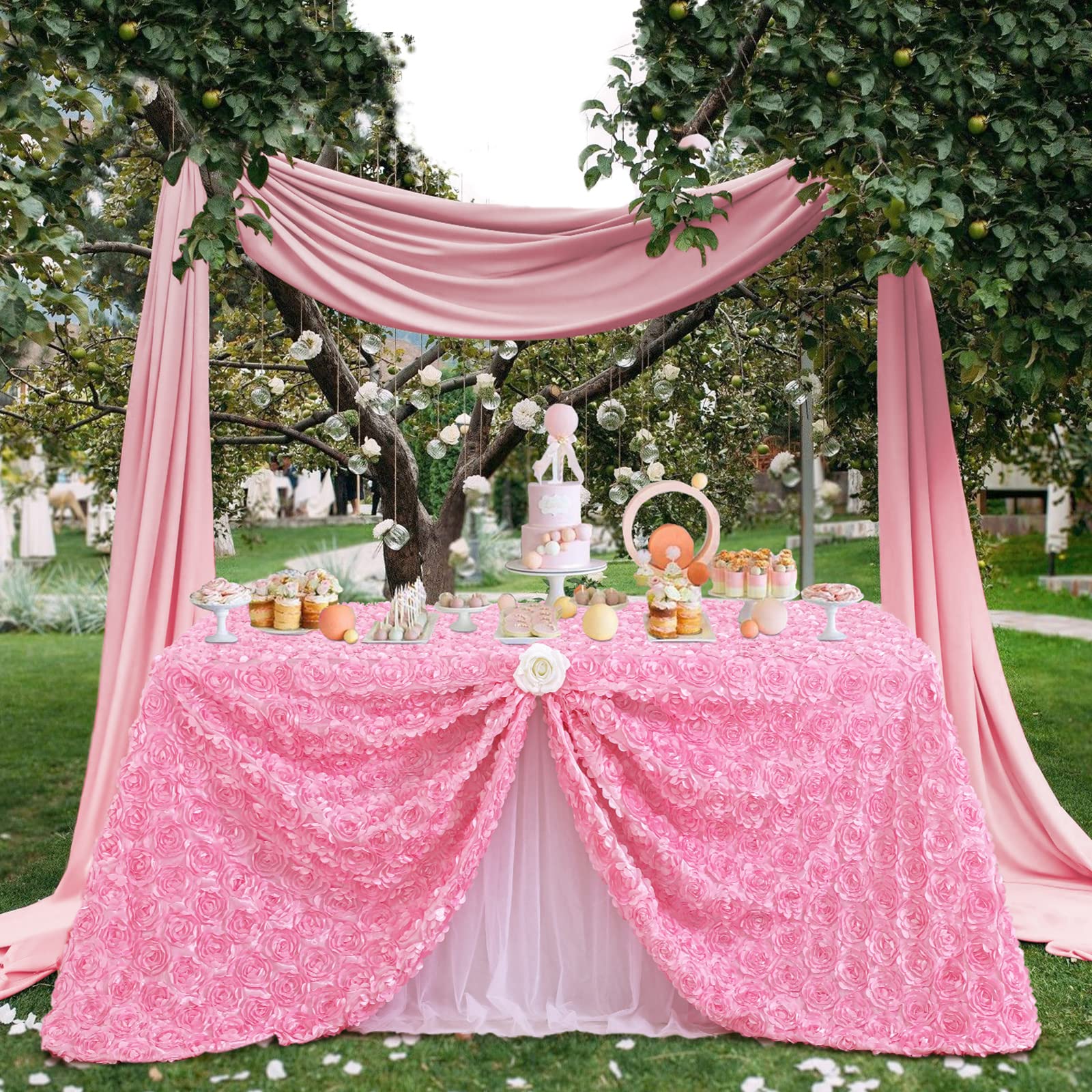 Fanqisi Pink Rosette Tablecloth 50X80 Inches Wholesale Rectangle Table Cover Rosette 3D Satin Tablecloth For Dinner Wedding Birt