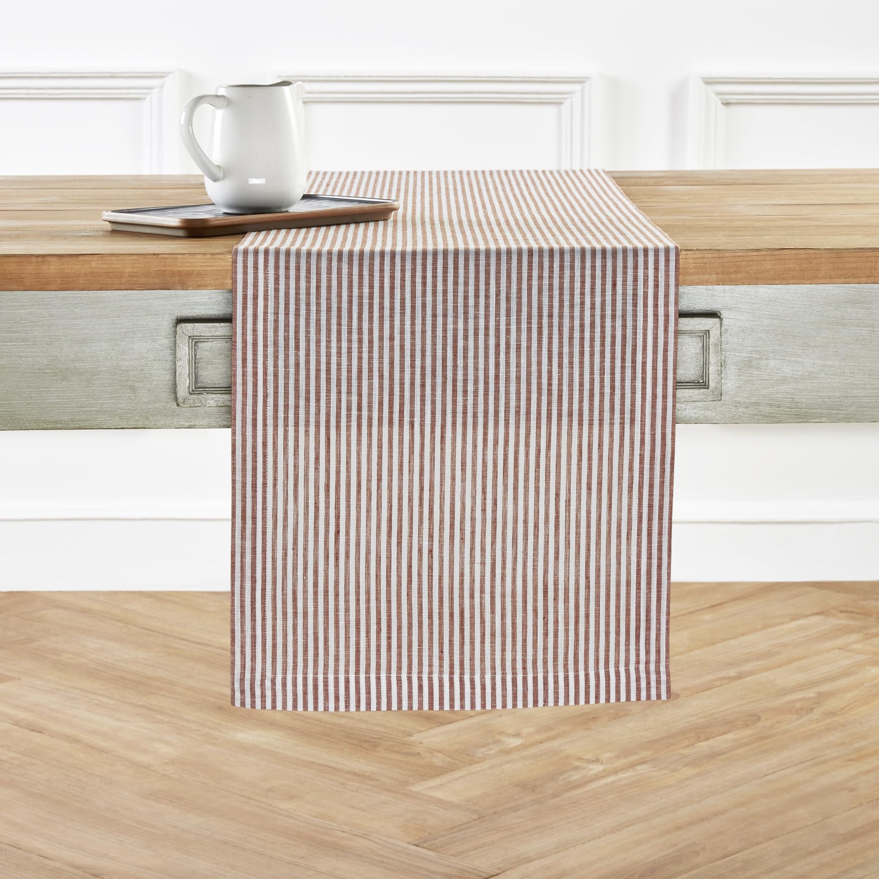 Solino Home Stripe Linen Table Runner 48 Inch - 100% Pure Linen Cinnamon And White Short Table Runner 14 X 48 Inch Ideal For Dre