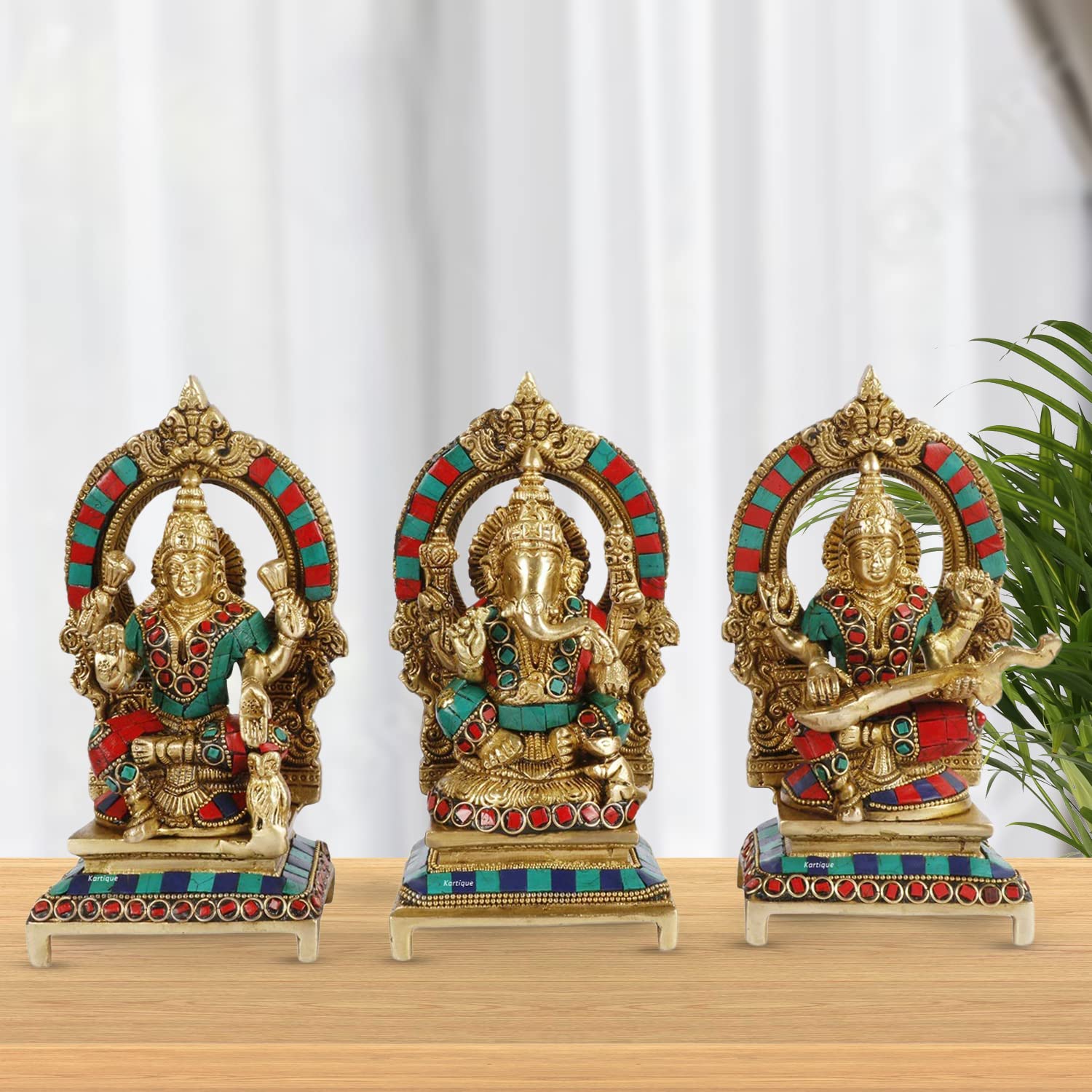 Kartique Brass Laxmi Ganesh Saraswati Bhagwan Idol Ganpati Murti Metal Statue With Frame For Home Office Success Entrance Decor