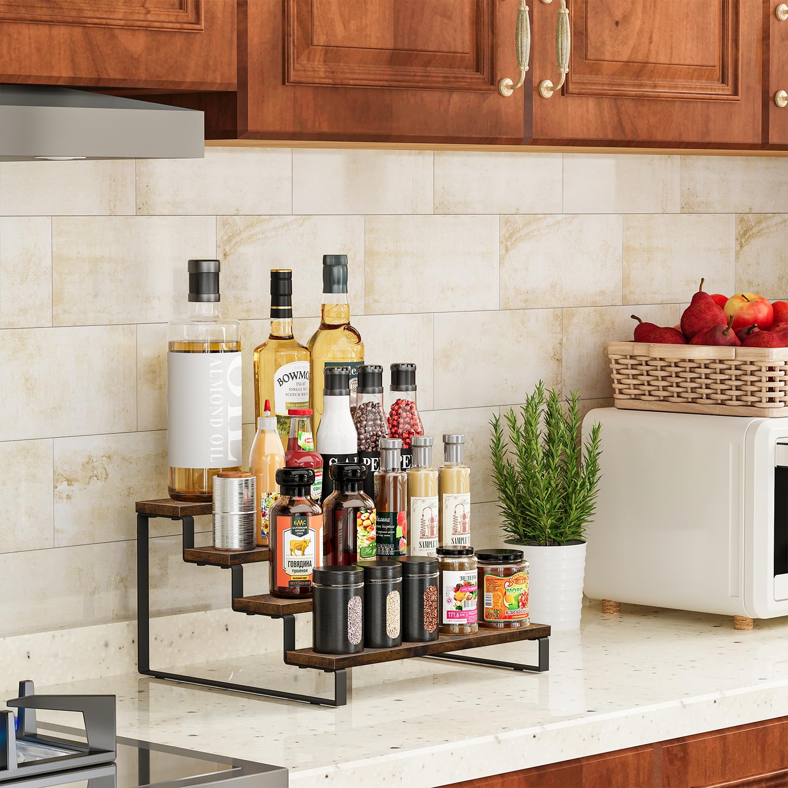 Giikin Spice Rack, 4-Tier Step Shelf Countertop Spice Storage Holder, Spice Rack Organizer for Cabinet Kitchen Countertop, Coffe