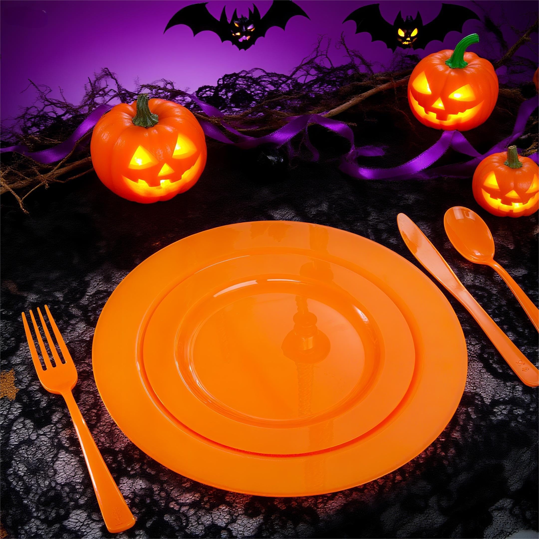 FLOWERCAT 60PCS Orange Plates - Heavy Duty Orange Plastic Plates Disposable for Halloween/Thanksgiving Party - Include 30PCS 10.25inch Orange Dinner Plates and 30PCS 7.5inch Orange Dessert Plates