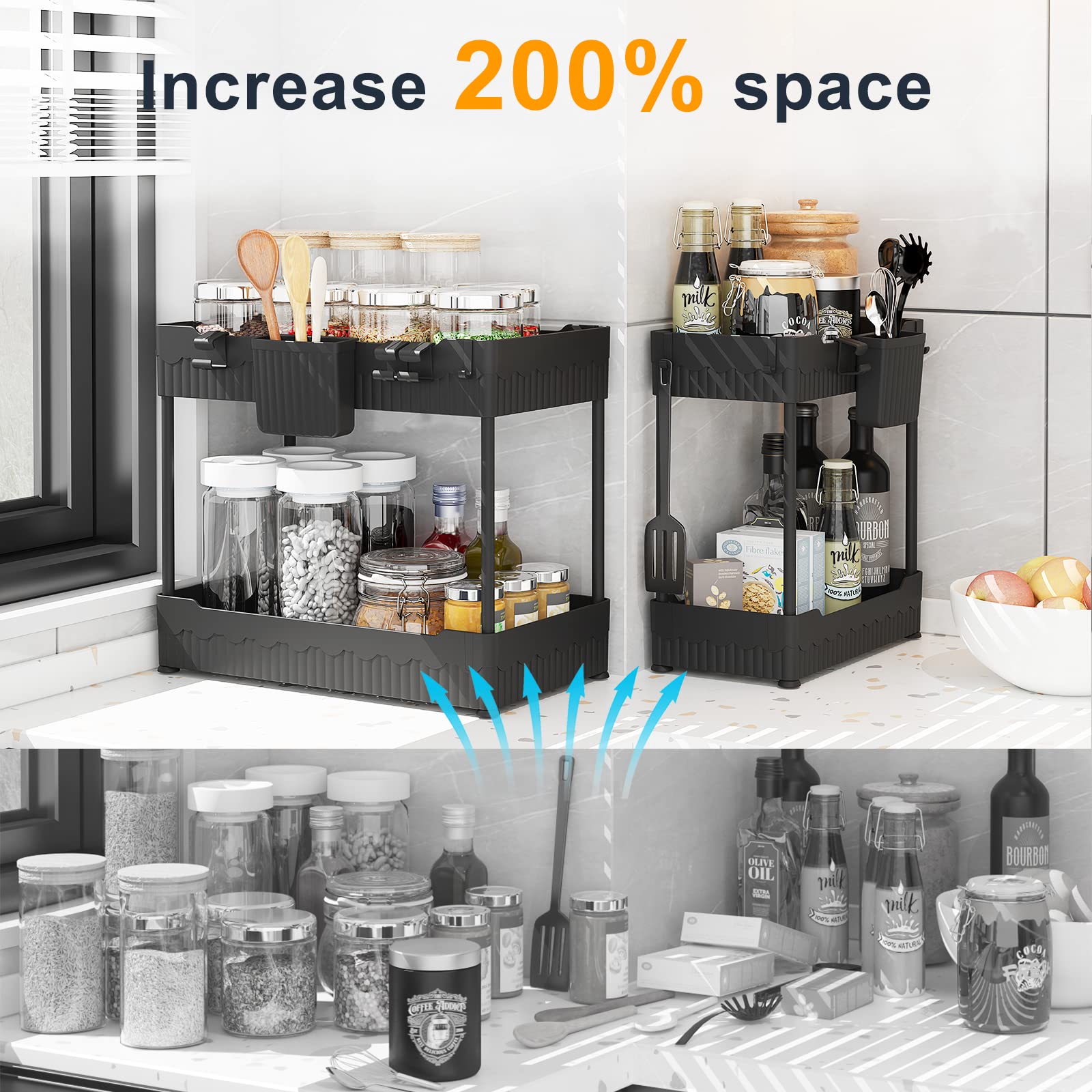 Sevenblue 2 Pack Under Sink Organizer, Under Bathroom Cabinet Organizer With Hooks Hanging Cup, Multi-Purpose Storage Shelf For
