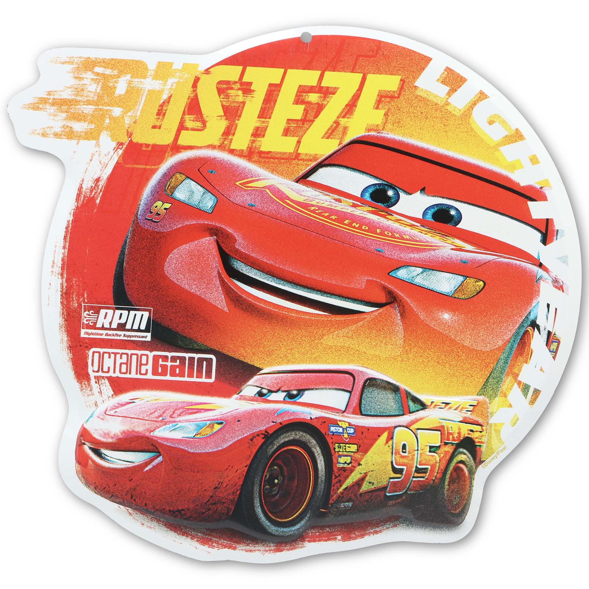 Disney Pixar Cars Lightning McQueen Rusteze Embossed Metal Sign - Fun Cars Sign for Bedroom or Play Room
