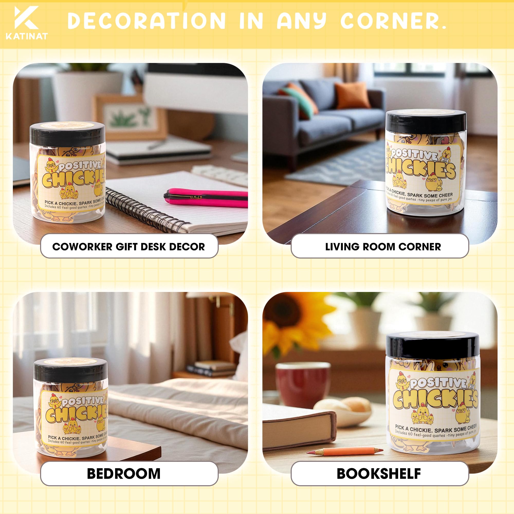 60 Positive Chick Cards Jar - 60 Affirmation Cards for Anxiety & Self Care, Teens, Emotional Support Chickies, CHicken Gifts, ch