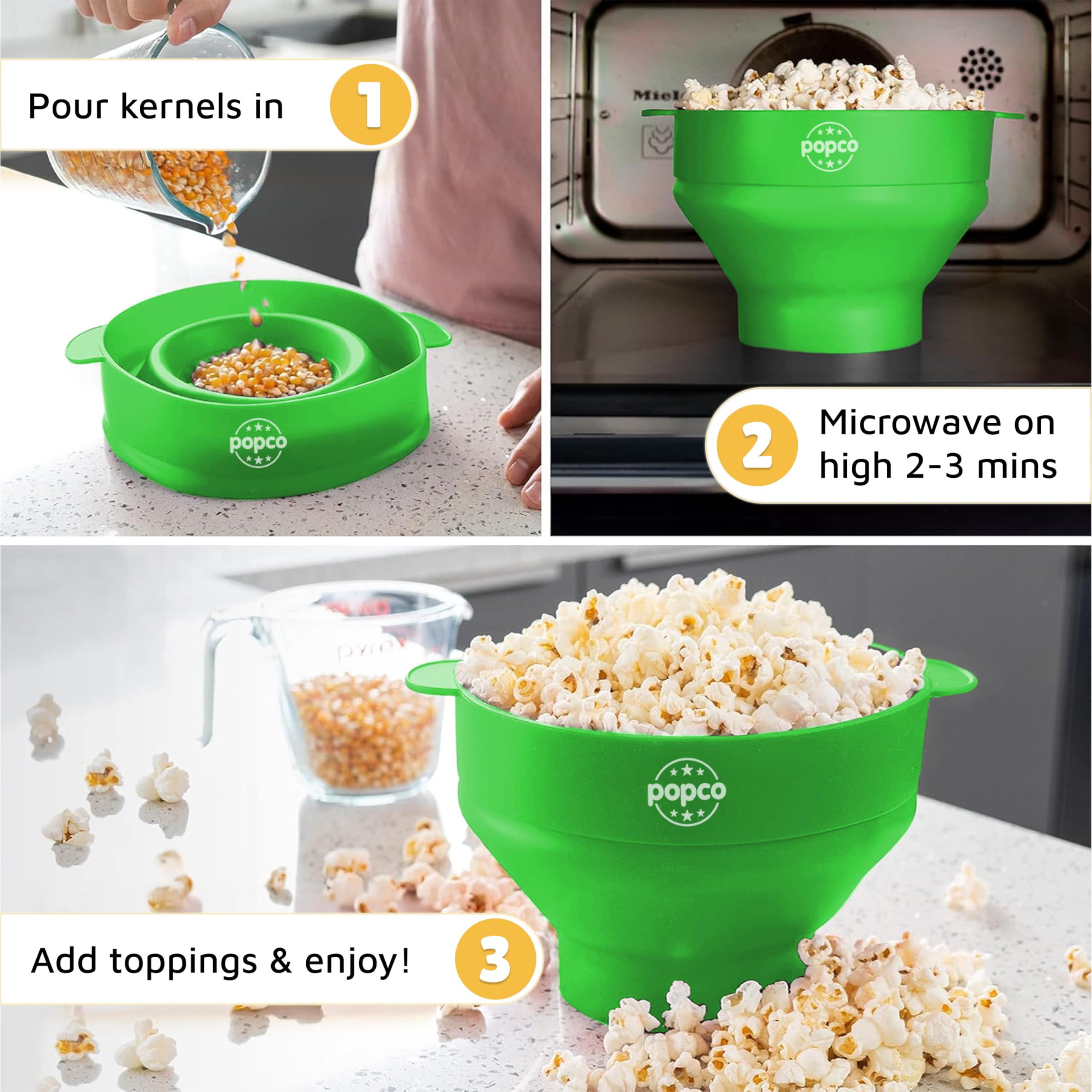 POPCO Silicone Popcorn Popper - Collapsible Microwave Popcorn Maker - Air Popper Pop Corn Bowl with Handles and Lid - Dishwasher