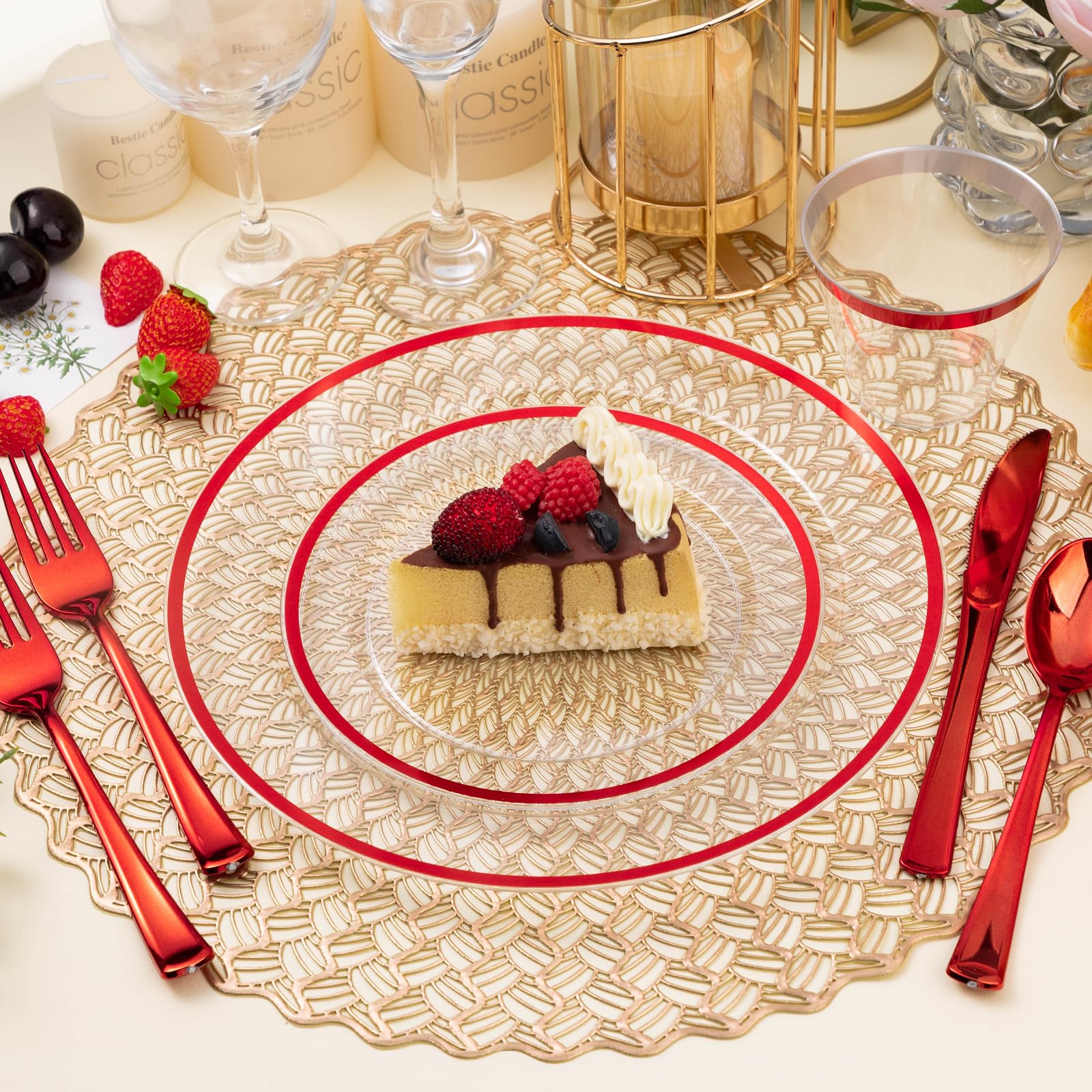 Beststar 200Pcs Red And Clear Plastic Plates, Disposable Plate Set With 100 Dinner Plates And 100 Dessert Plates For Party, Chri