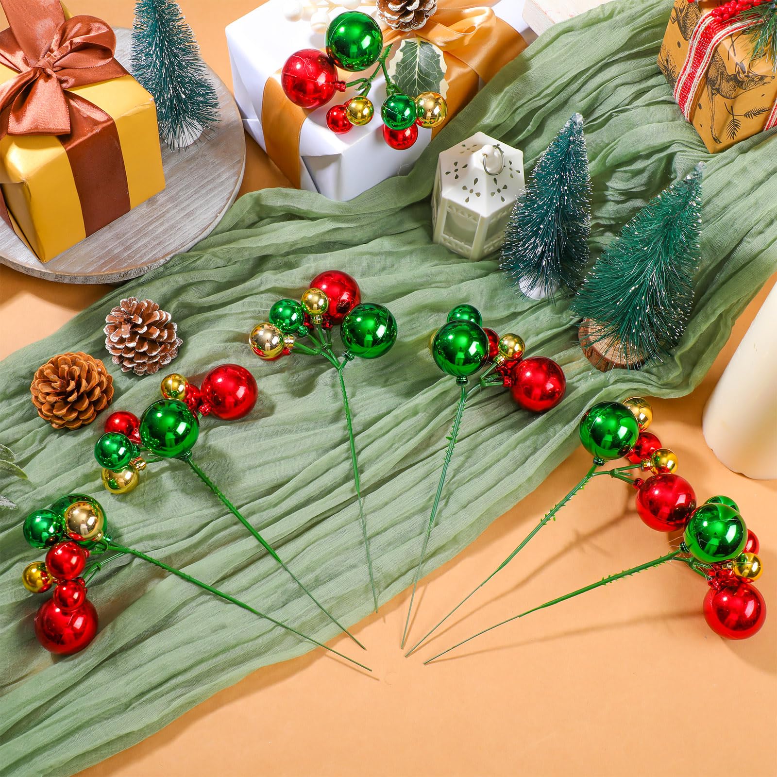 Daifunli 12 Pcs Red Green and Gold Christmas Tree Picks 7.87 Inch Christmas Balls Ornaments Xmas Decorations for Xmas Tree Toppe