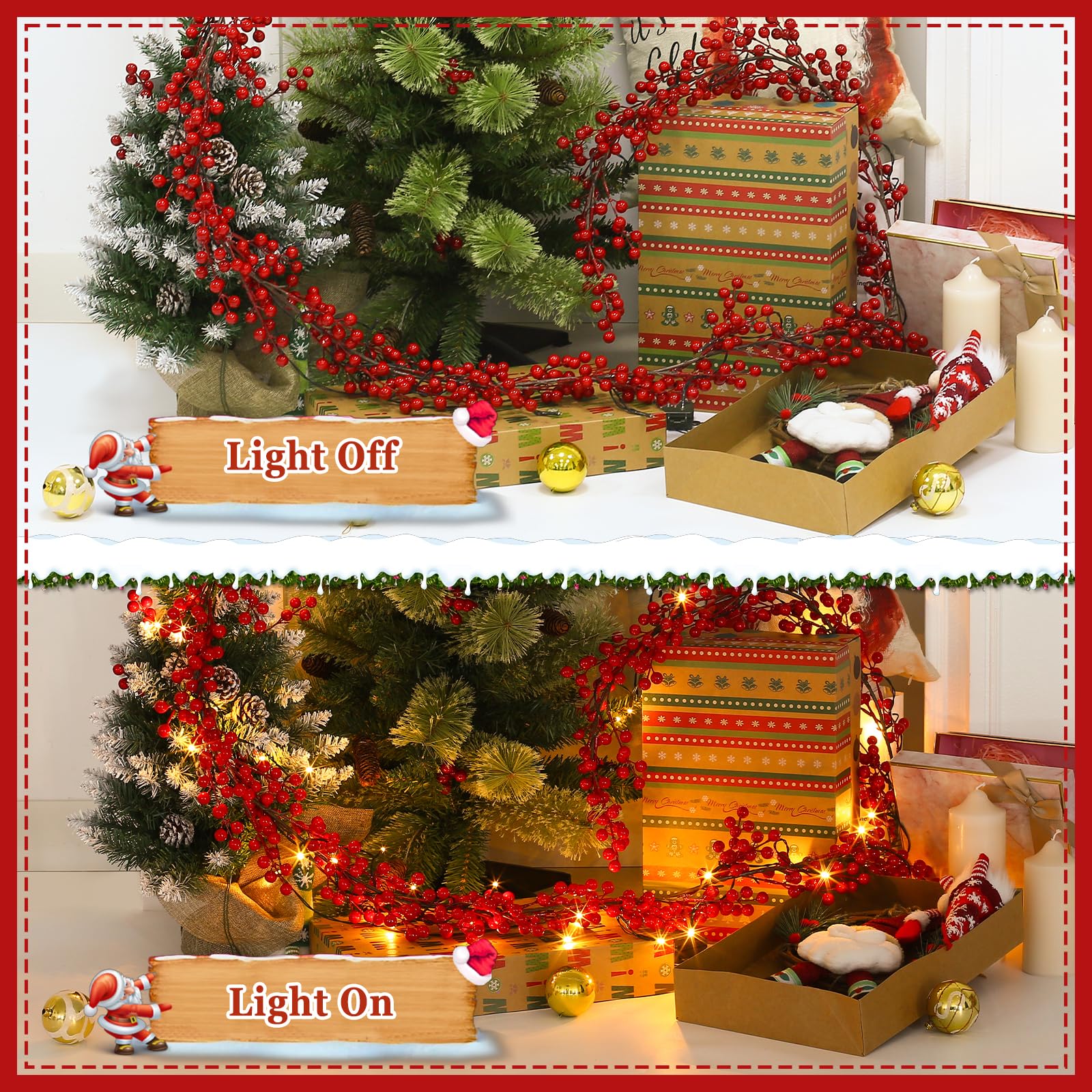 Joyhalo 2 Pack 8.8FT Christmas Red Berry Garland with String Lights, Artifial Burgundy Berry Garland for Christmas Tree, Valenti