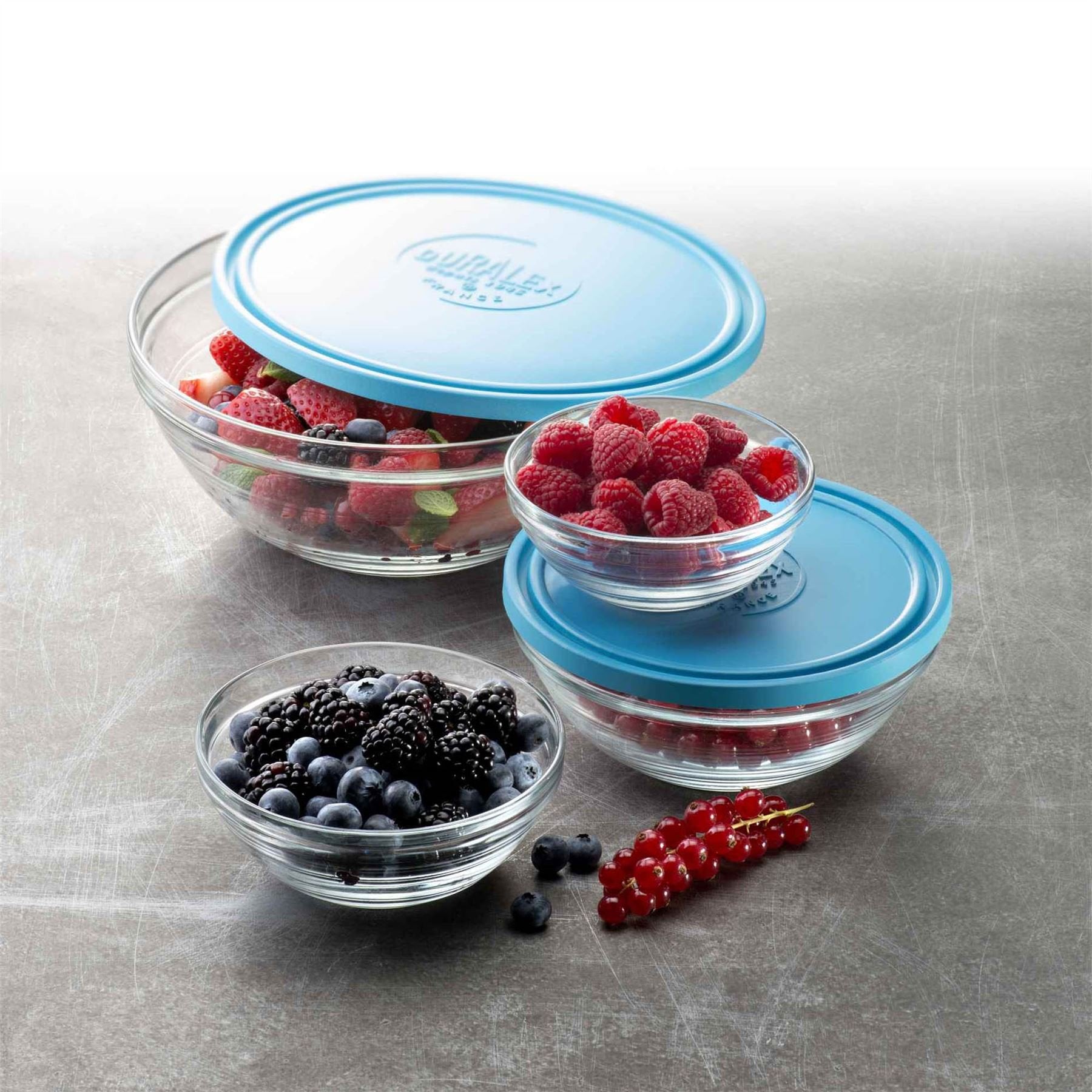 Duralex Made In France Lys Round Bowl With Lid, 1.5 Quart, Clear/Blue