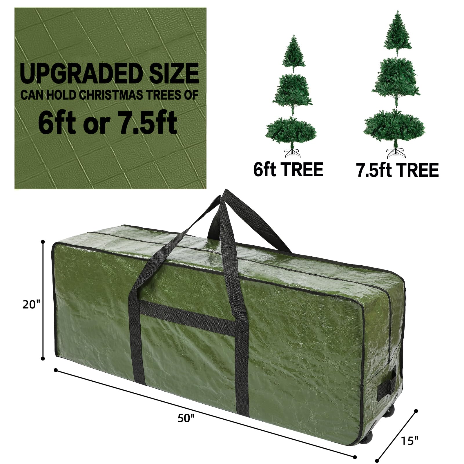 HOMEST Christmas Tree Storage Bag, 7.5ft, Green, Zippered with Wheels & Handles, Model TRYB0186
