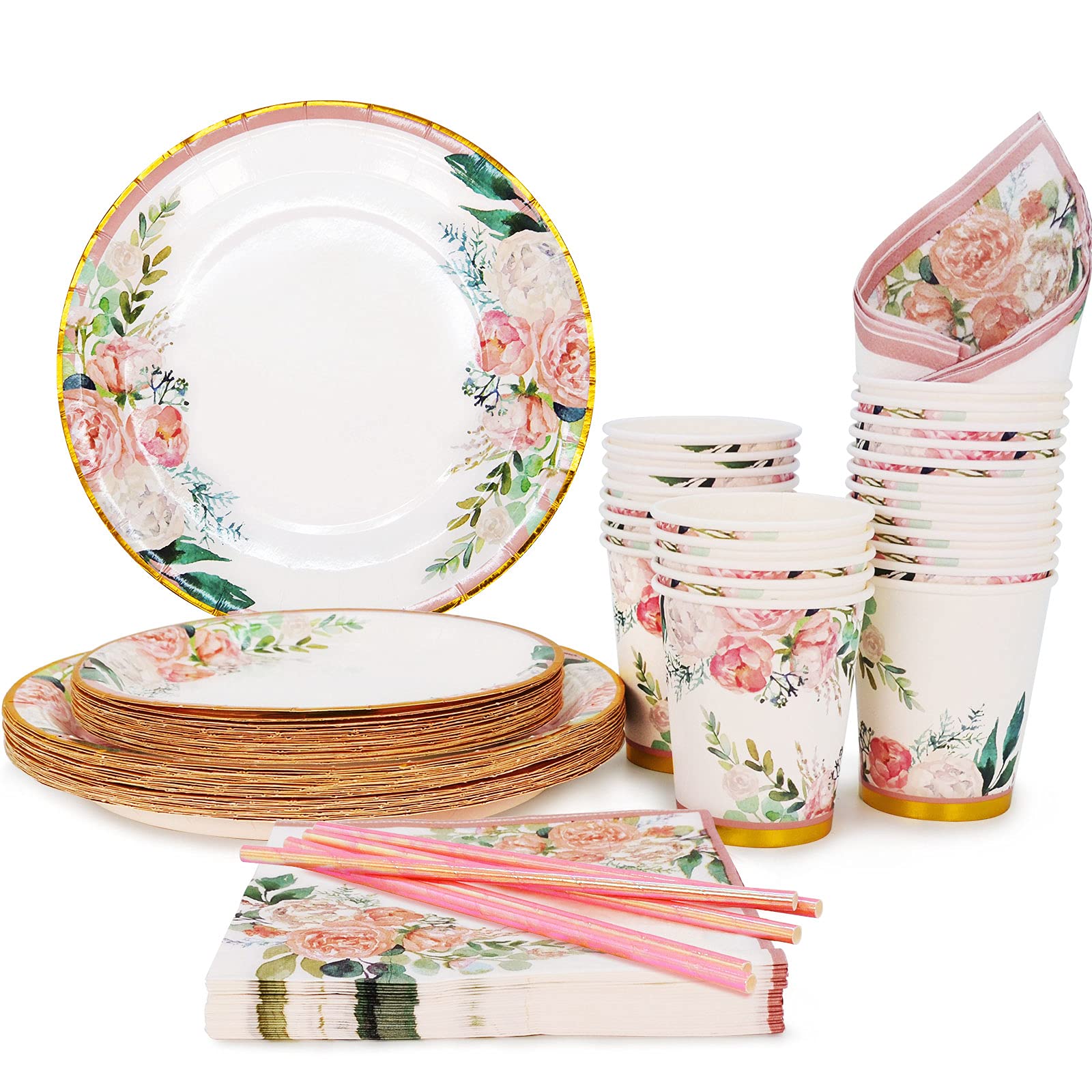 Boosolo Floral Party Supplies Paper Plates And Napkins Sets For 24 Guest-Include Floral Disposable Paper Plates,Cups,Napkin Forr