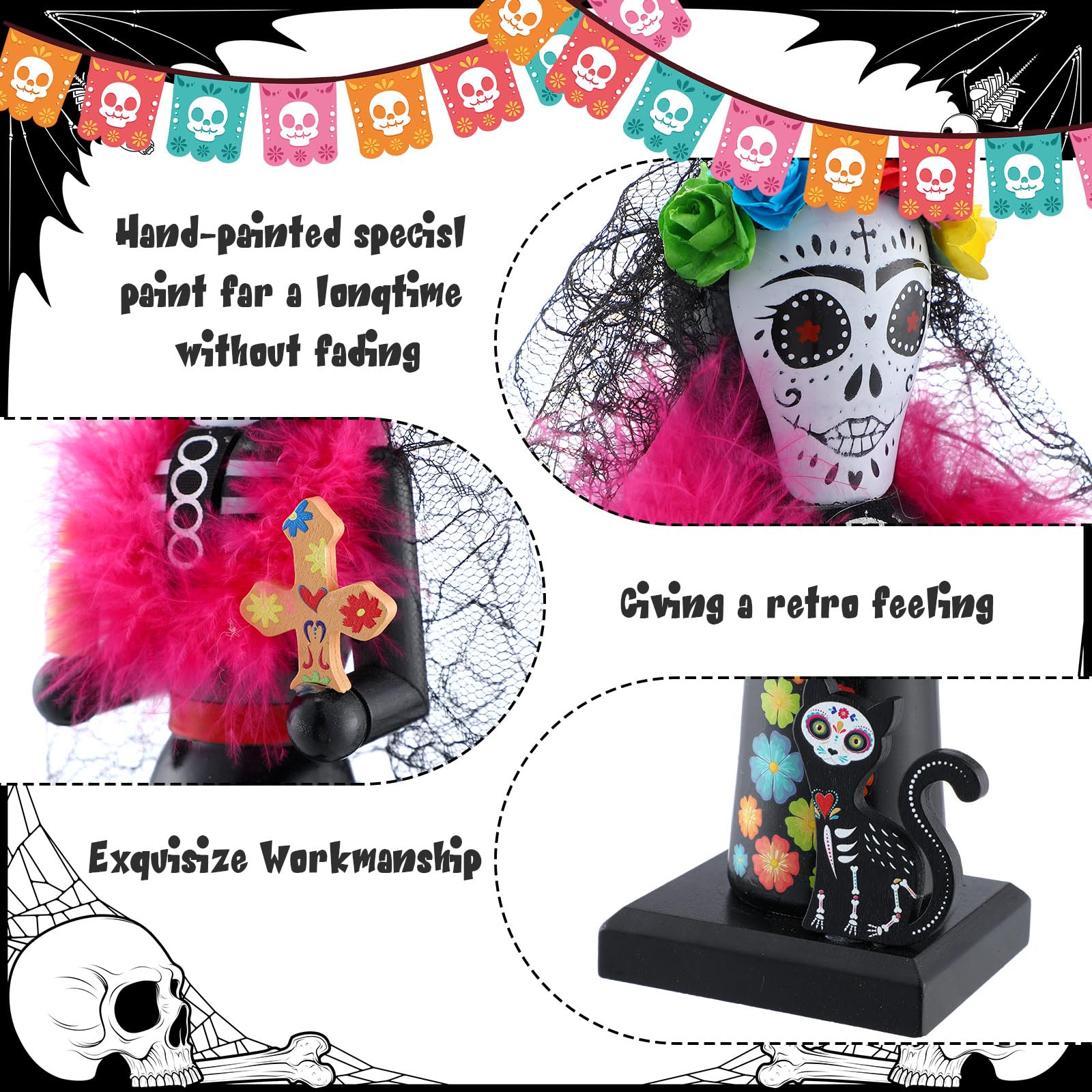 RattanView 2 Pcs Halloween Nutcracker 14 Inch Wooden Witch Black Cat Nutcracker Figures Party Decor for Halloween Holiday Tables