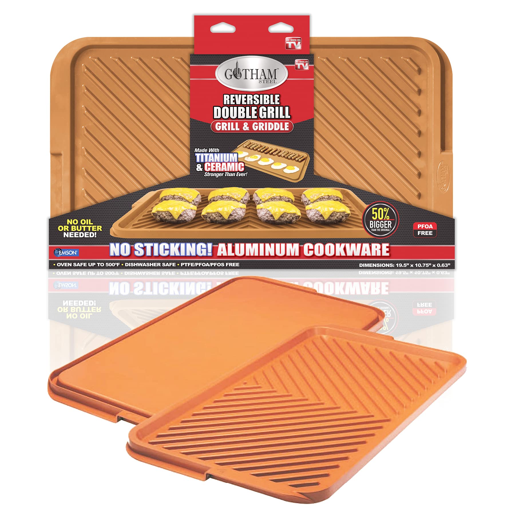 Gotham Steel XL Nonstick 2 in 1 Griddle Pan & Grill Pan for Stovetop & Outdoor Use, Reversible Copper Griddle for Gas Grill + St