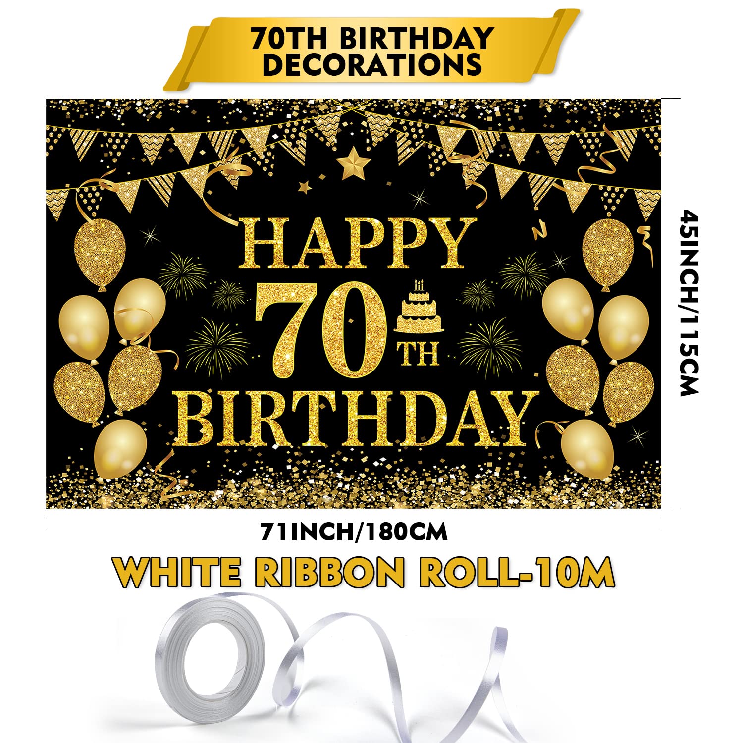 MDCGFOD 70th Birthday Banner - Happy 70th Party Decor, Black Gold, 71 x 45 Inch, Polyester for Men & Women
