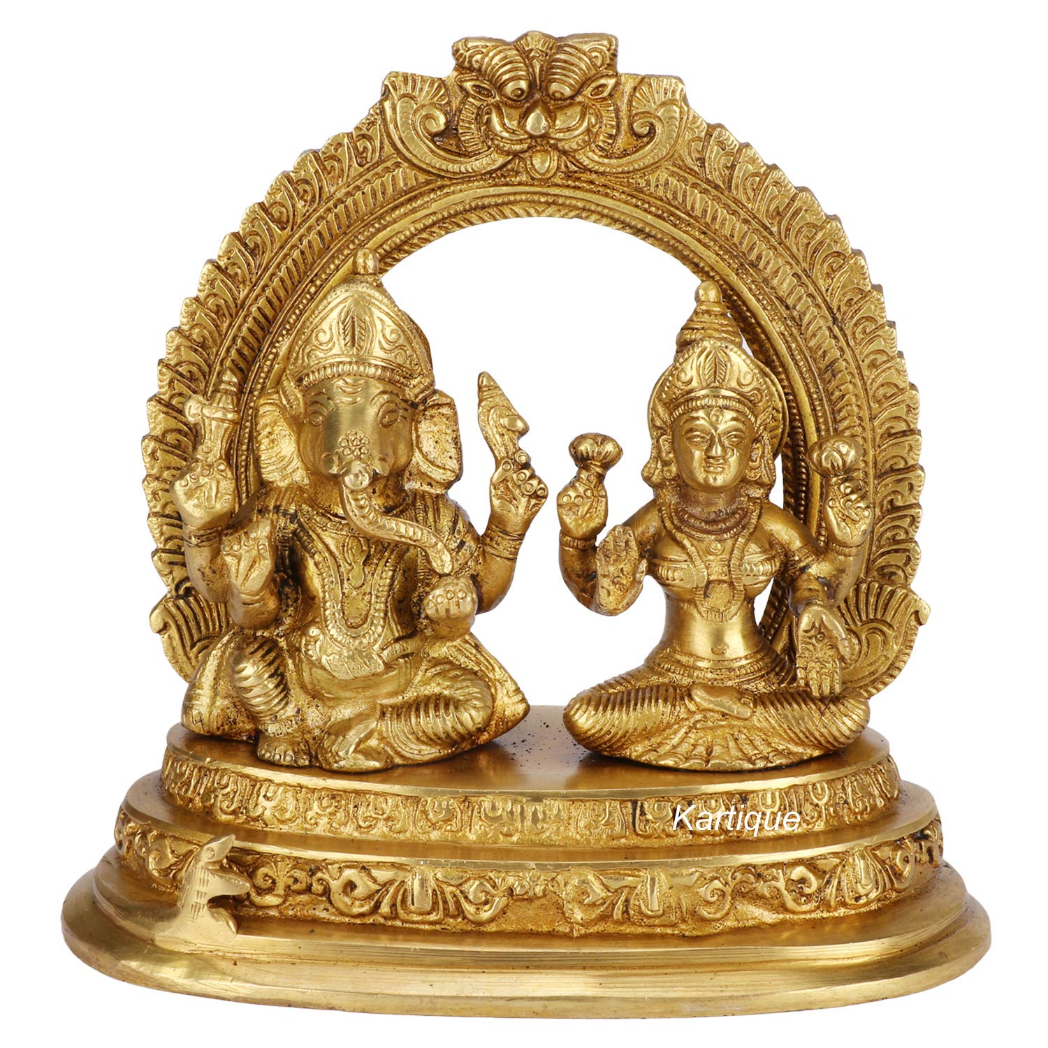 Kartique 7-Inch Brass Lakshmi Ganesh Idol With Intricate Arch Design, Ideal For Home Decor And Spiritual Spaces In Gold Color