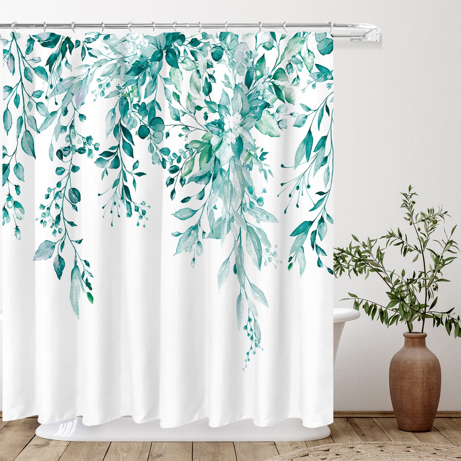 Tititex Teal Eucalyptus Shower Curtain Sets, Watercolor Turquoise Leaves On The Top Plant With Floral Bathroom Decoration 72X78