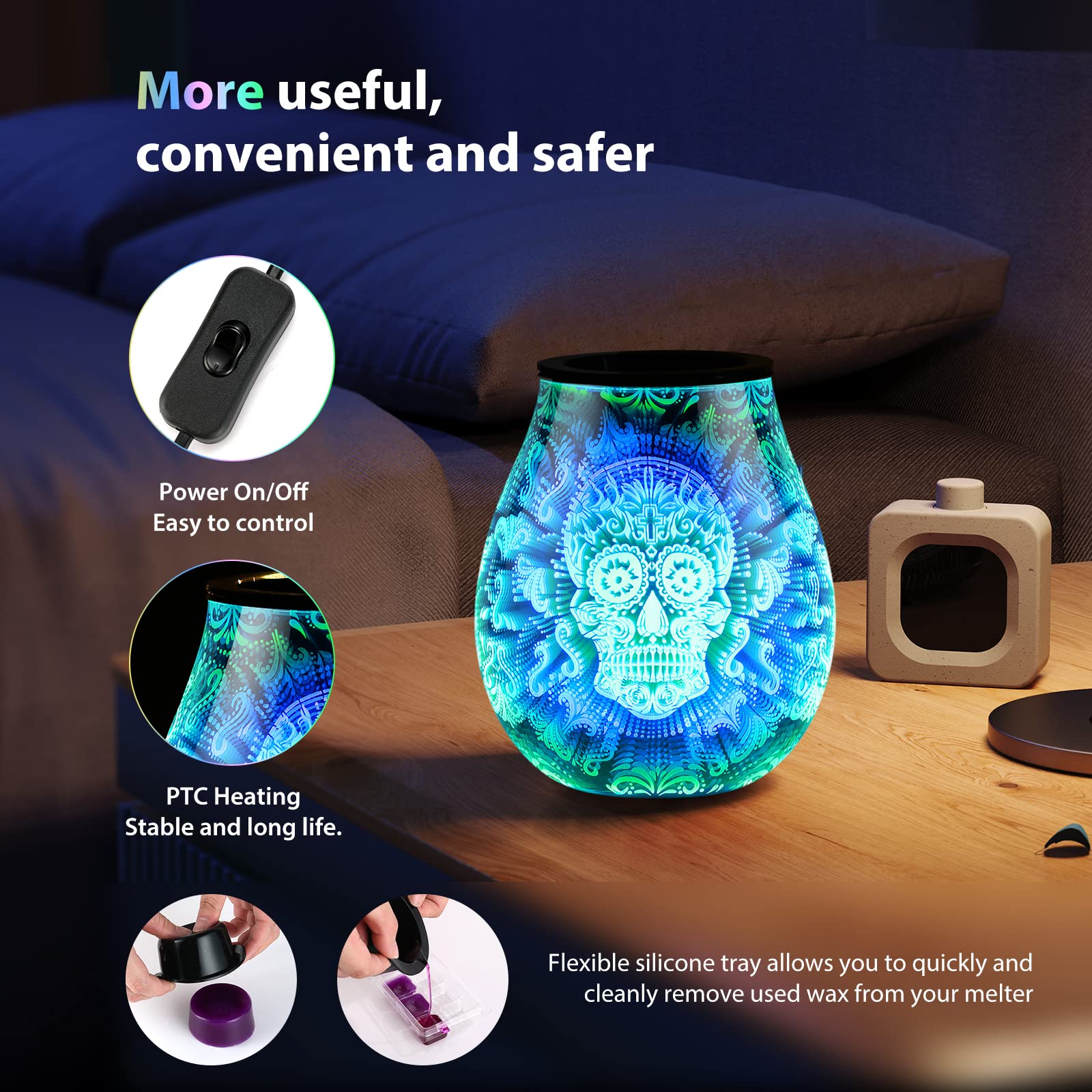 inrorans Skull Halloween 3D Glass Electric Wax Melt Warmer Oil Burner with 7 Colour Cycle Changing LED Light PTC Heating Removab