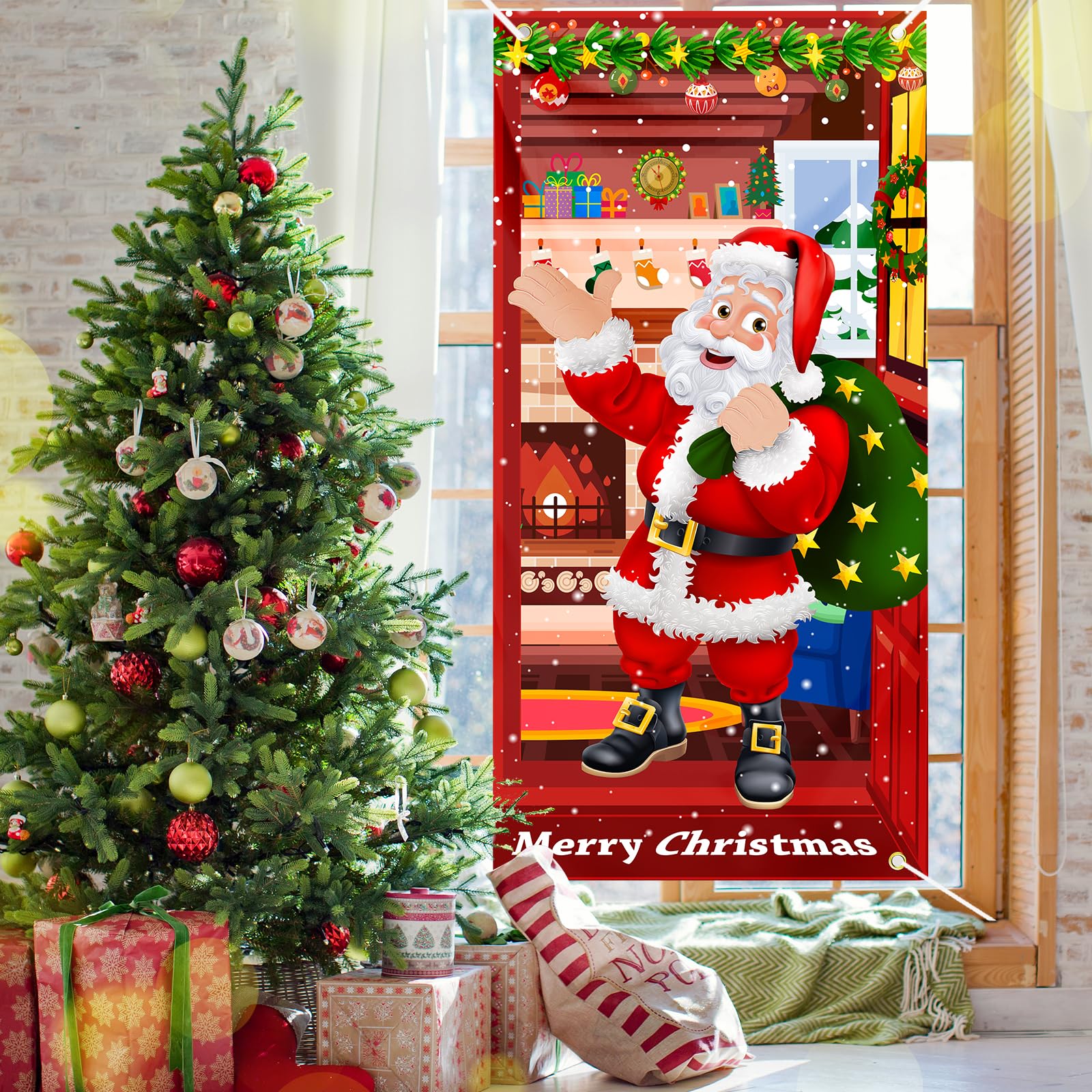 Christmas Door Cover Santa Claus Decoration Xmas Large Photography Background Banner Porch Sign For Winter Indoor Outside Front