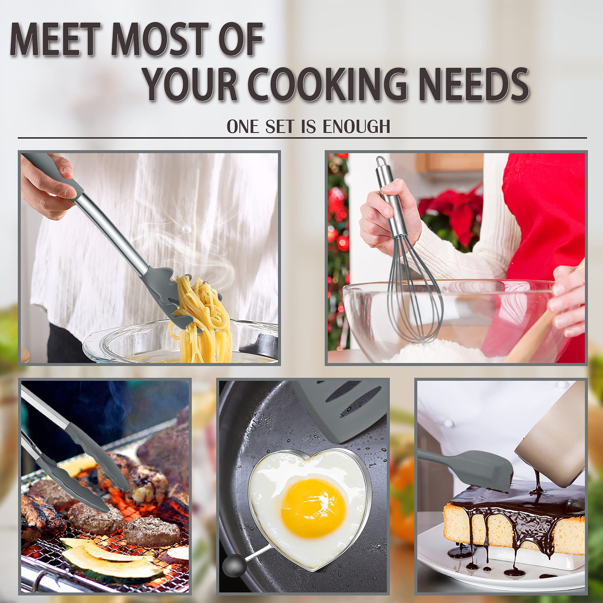 Silicone Cooking Utensils Set, E-Far 14-Piece Gray Kitchen Utensils Set With Holder, Kitchen Tools Spatulas With Stainless Steel