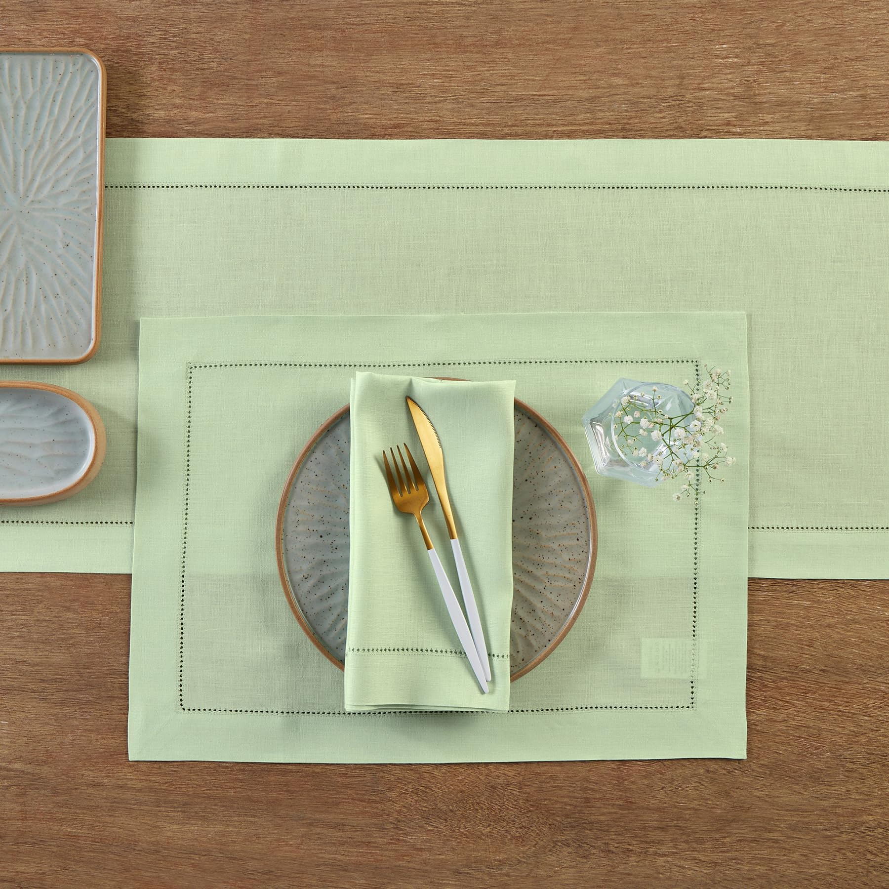 Solino Home Linen Light Green Table Runner 120 Inches Long - 100% Pure Linen Classic Hemstitch Dining Table Runner 14 X 120 Inch