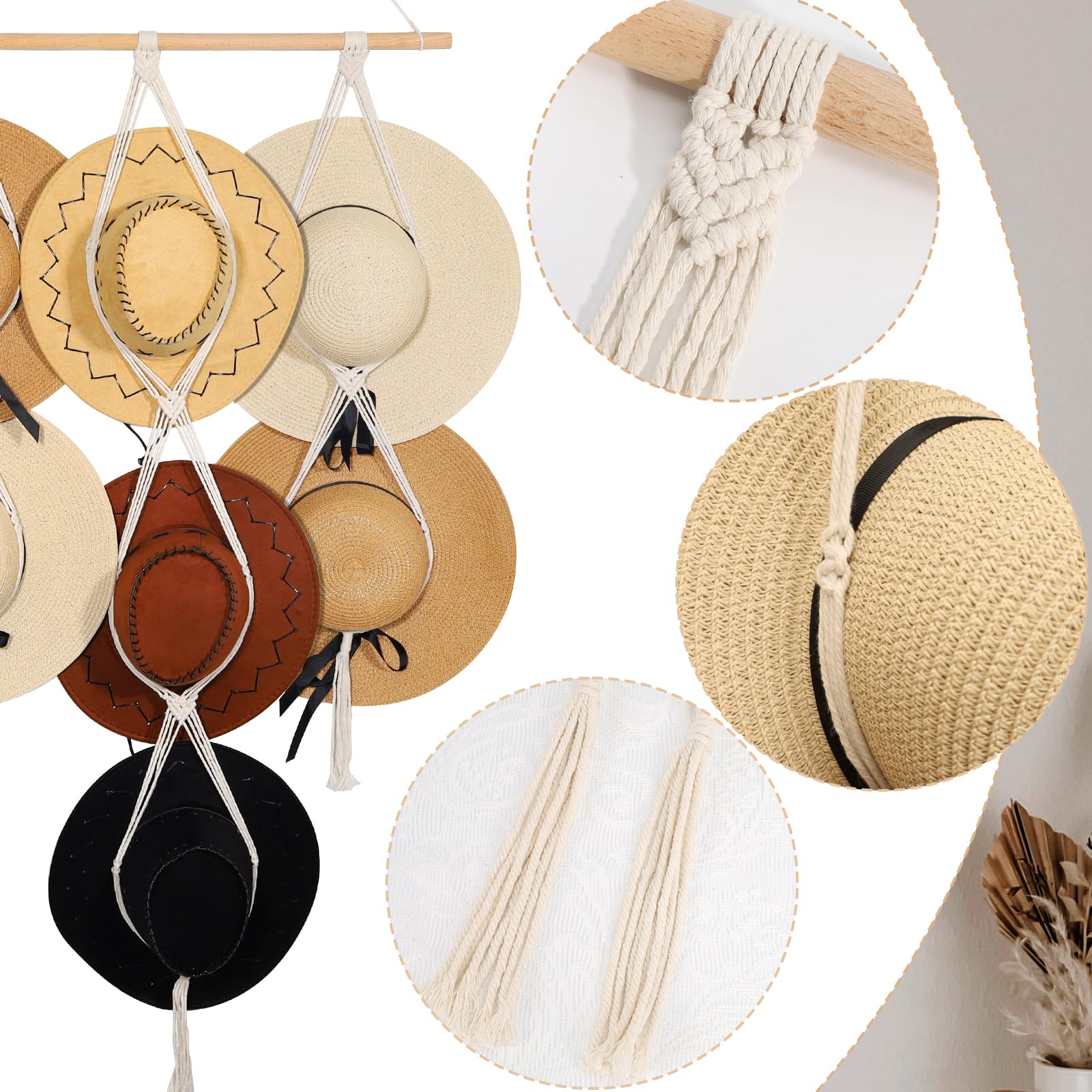 Zyp 7 Hats Style Macrame Hat Hangers Hat Rack For Wall,Women Decor Hat Holder,Bobo Hanging Hat Organizer Storage,Hat Display For