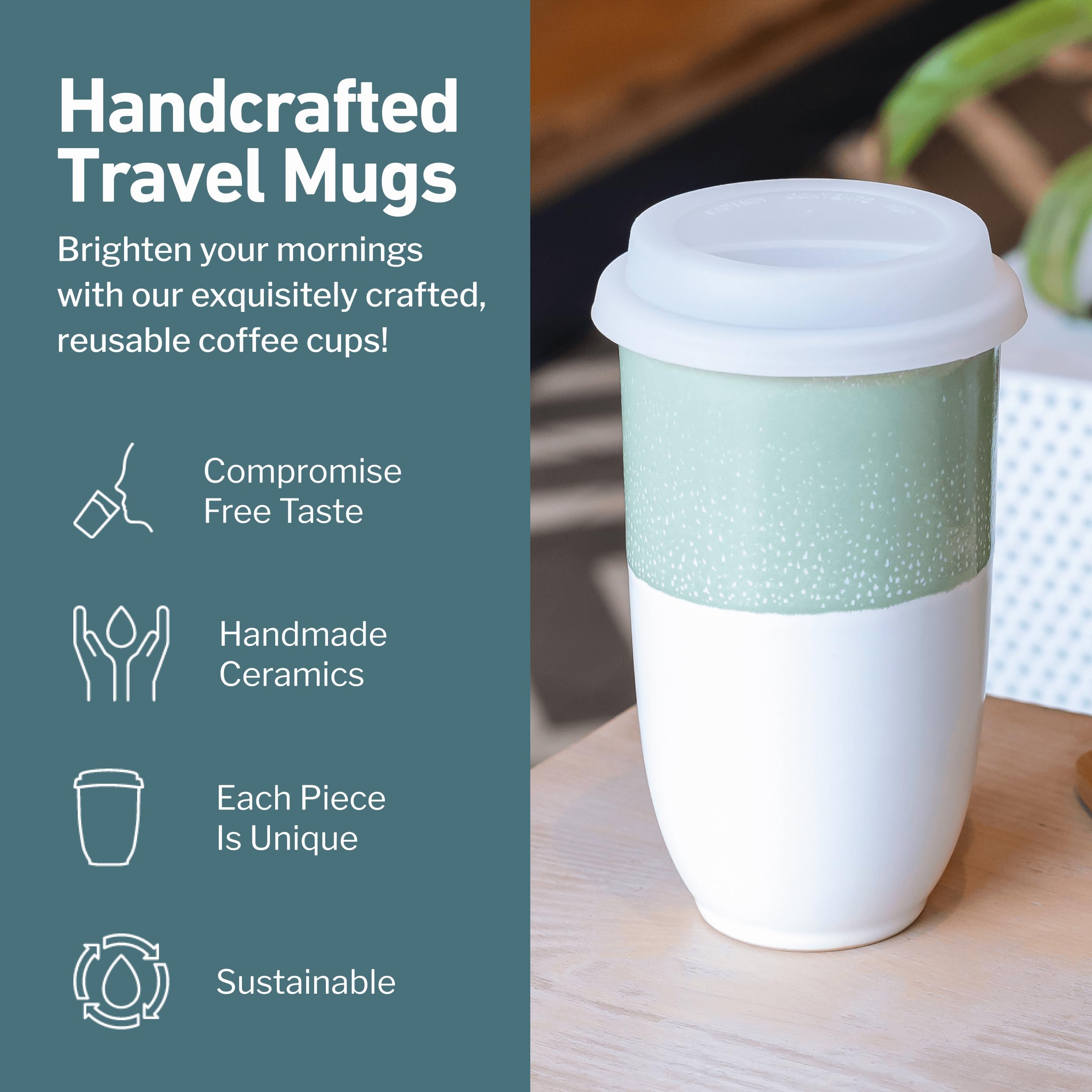 NOVA CERAMICS Travel Mug - Tea Tumbler- Microwave & Dishwasher Safe Coffee Mug Green & White Tumbler - Gifts For Women Men Him H