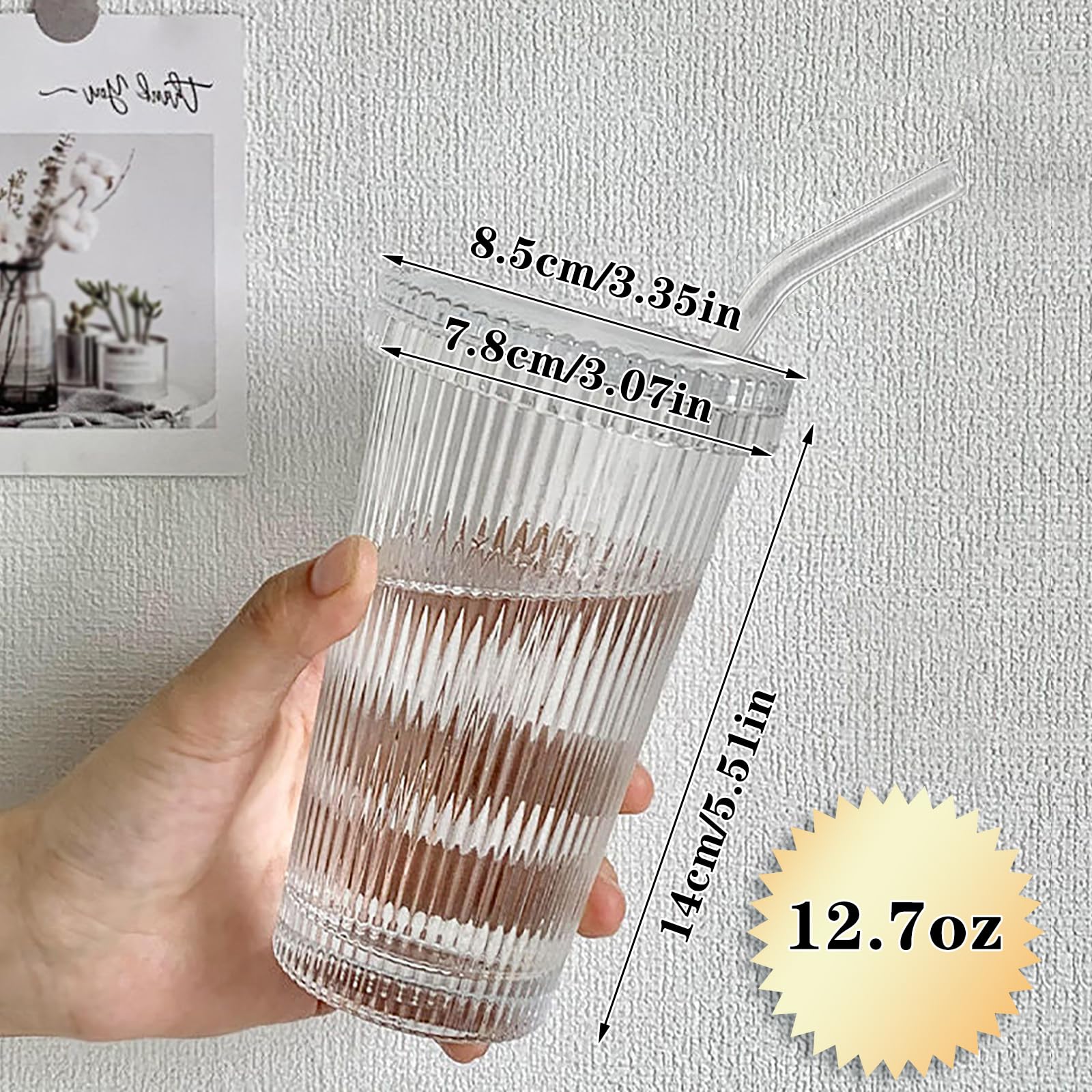 Yahuipeius Glass Tumbler Stripe Glass Cup Coffee Cup With Lid And Straw Lids Don'T Secure 12.5 Oz Drinking Glasses For Water,Ice