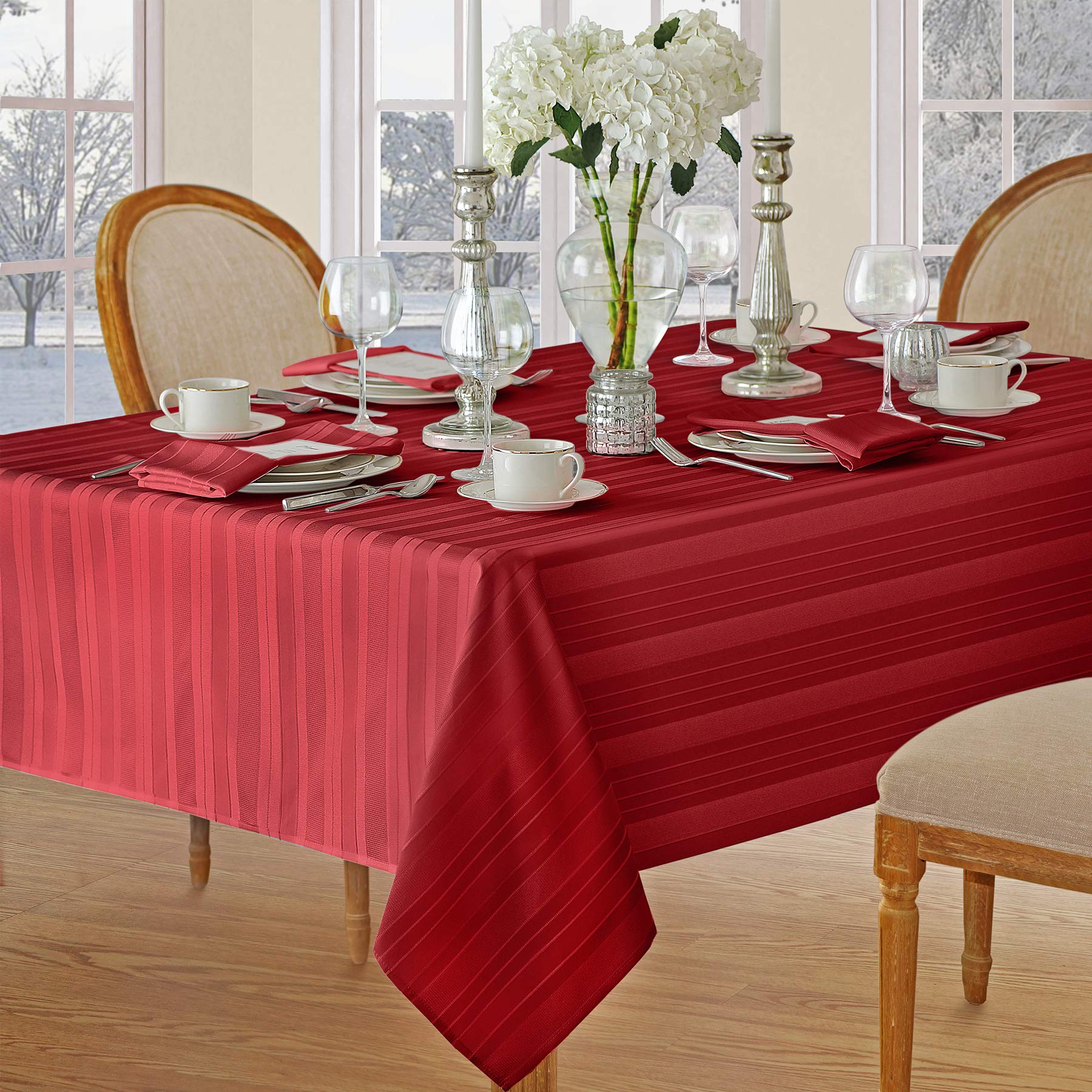 Newbridge Christmas Satin Stripe No-Iron Soil Resistant Fabric Holiday Tablecloth - 60 X 102 Oblong, Red