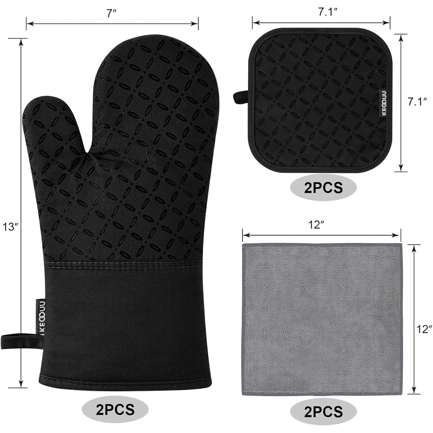 Kegouu Oven Mitts And Pot Holders 6Pcs Set, Kitchen Oven Glove High Heat Resistant 500 Degree Extra Long Oven Mitts And Potholde