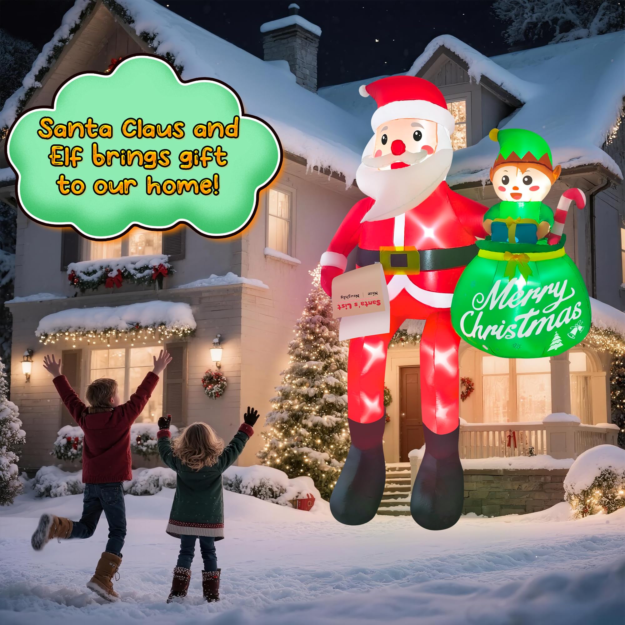 CORALMEE 10FT Christmas Inflatable Santa Claus Outdoor Decorations, Climbing Santa Inflatable Yard Decor with Elf & Built-in LED