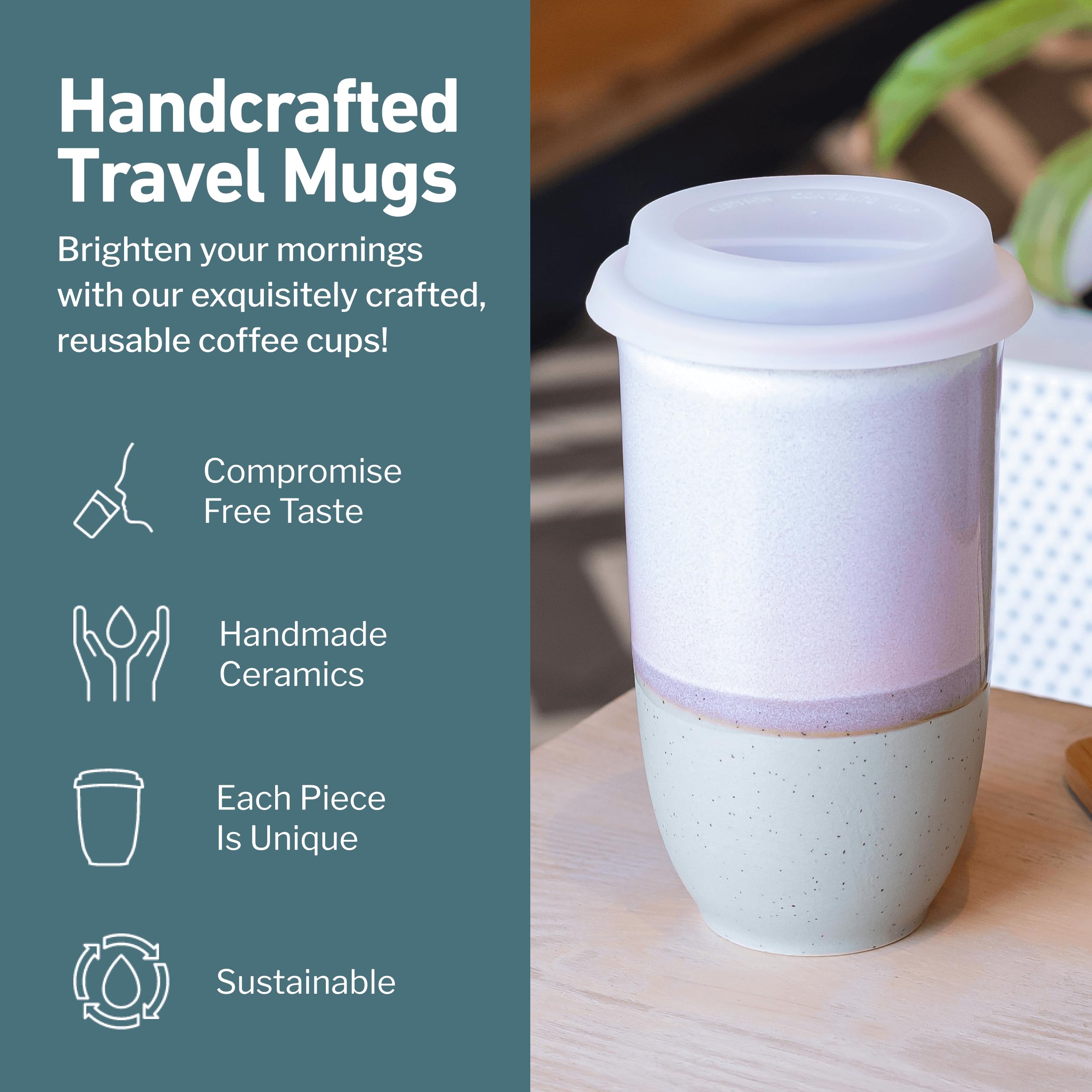 NOVA CERAMICS Coffee Travel Mug - Reusable To Go Mug - Microwave & Dishwasher Safe White & Purple Tumbler - Gifts For Women Men