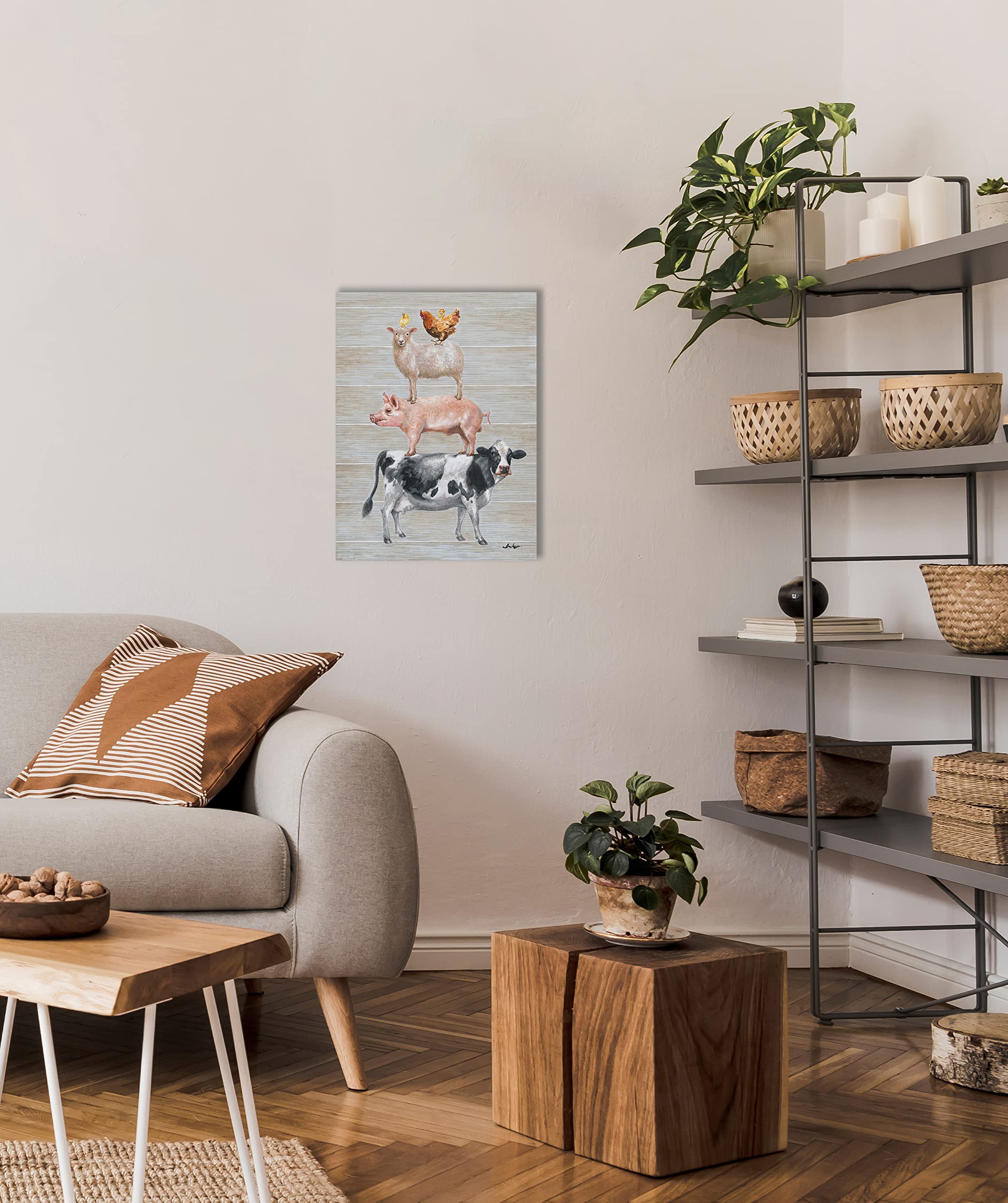 Yidepot Farmhouse Wall Decor Canvas Print: Farm Animals Cow Pig Sheep And Rooster Sit On Top Of Each Other Inspirational Posters