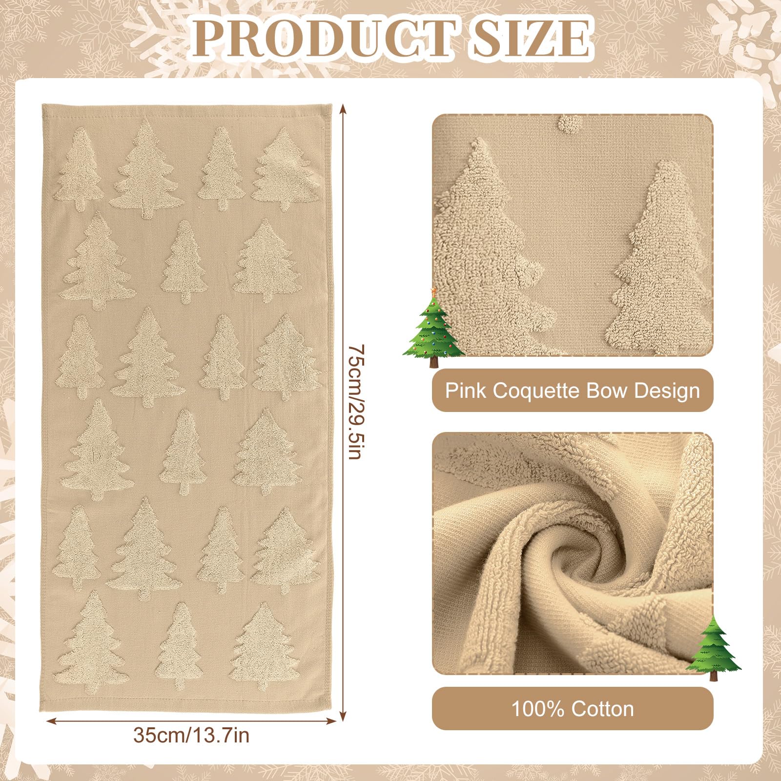 Breling 2 Pcs Christmas Hand Towels Beige Christmas Trees Bathroom Decorative Towels 100% Cotton Absorbent Jacquard Weave Bath D
