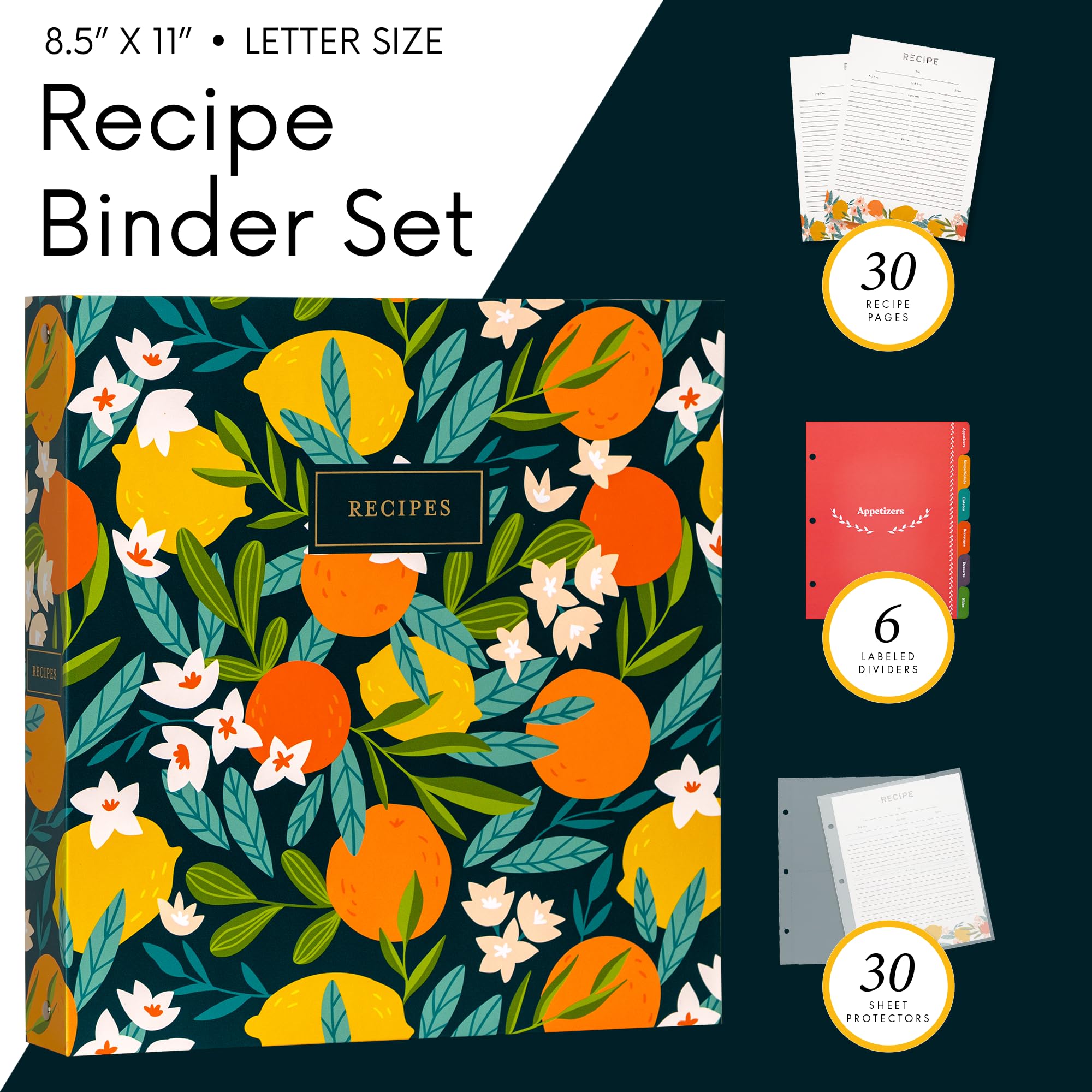 Jot & Mark 3 Ring Recipe Binder 8.5'' X 11'' | Full-Page With Clear Protective Sleeves And Color Printing Paper For Family Recip