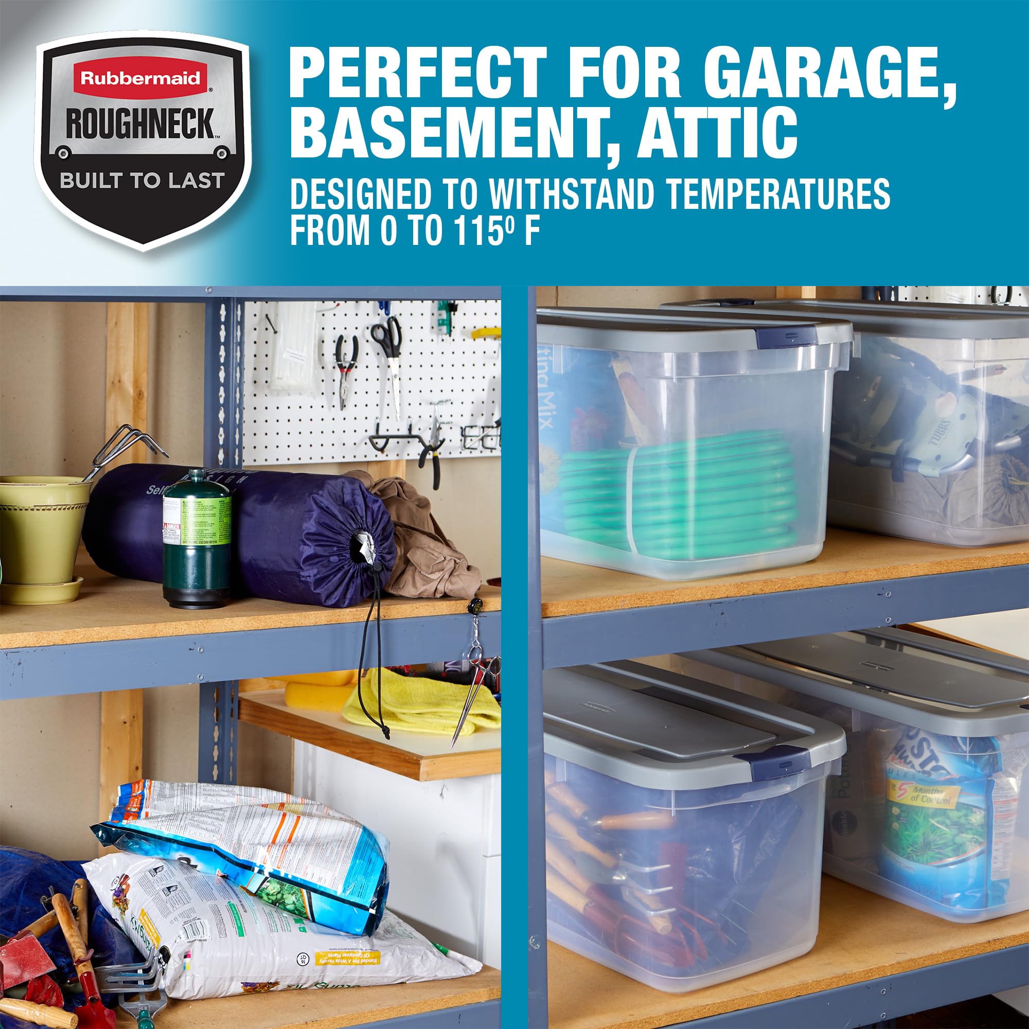 Rubbermaid Roughneck Clear 95 Qt/23.75 Gal Storage Containers, Pack Of 4 With Latching Grey Lids, Visible Base, Sturdy And Stack