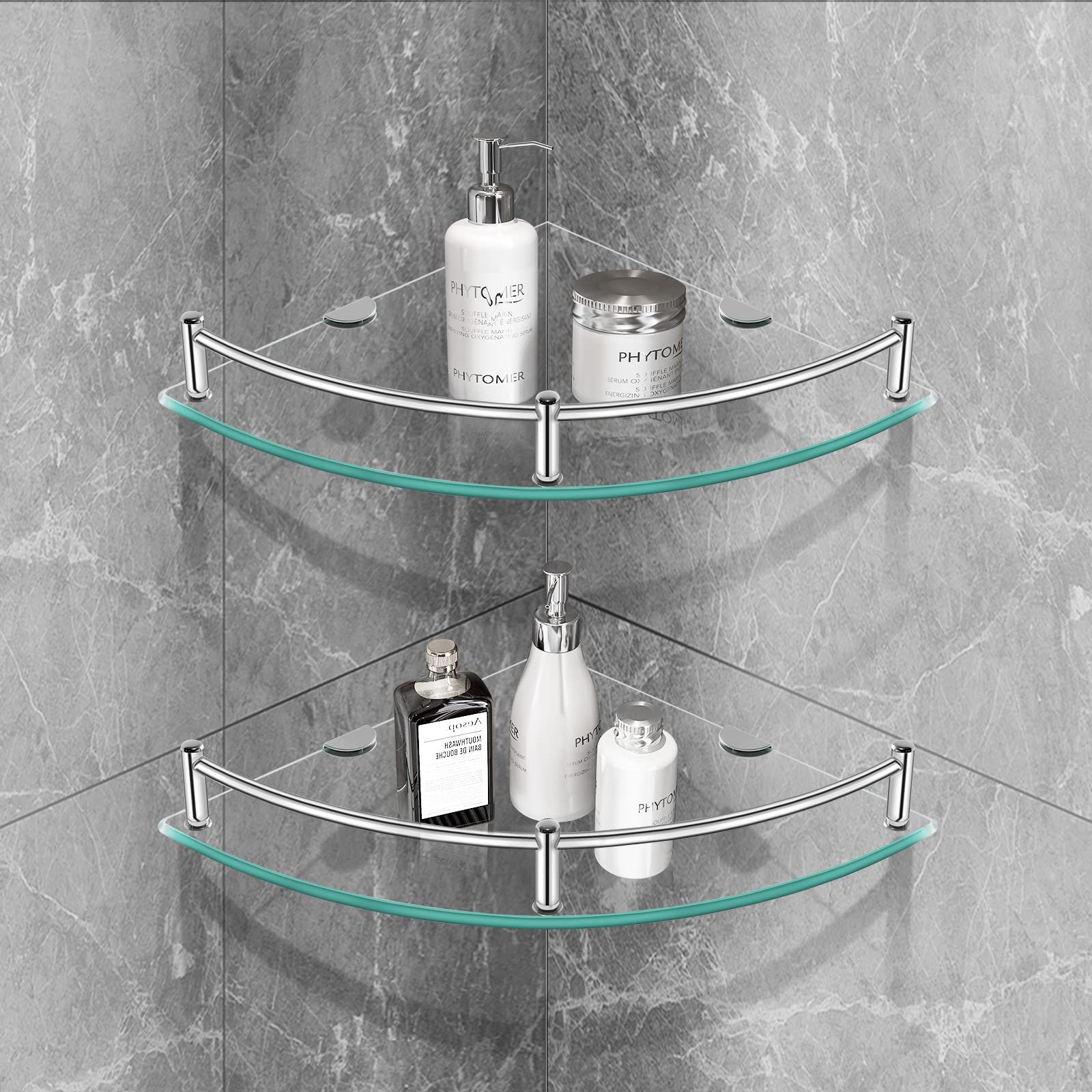 Yorkhomo Glass Corner Shelf Glass Shelves For Bathroom Shower Corner Shelf With Rail Wall Mounted Drill Hole For Inside Shower 2