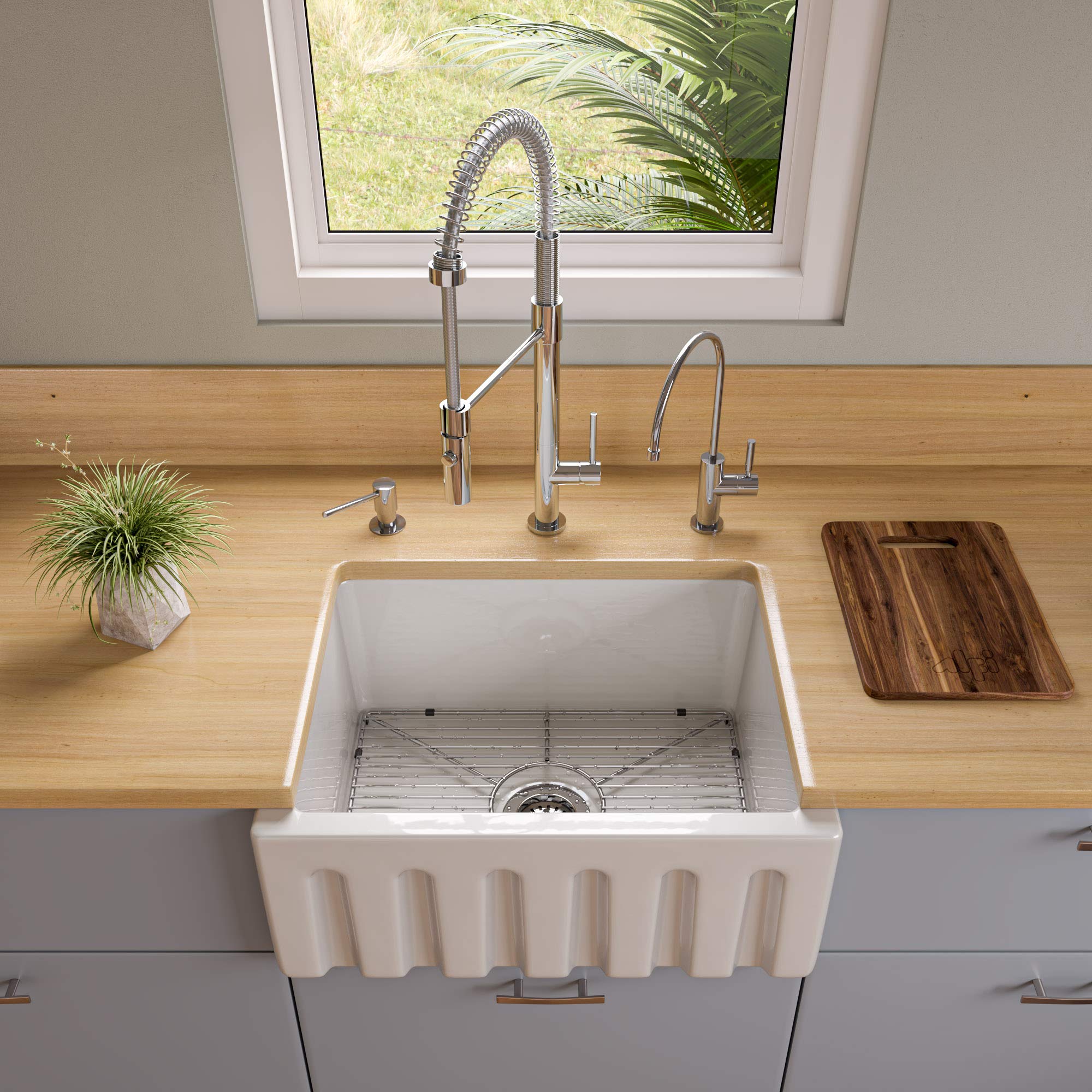 Alfi Brand Ab2418Hs-W Reversible Smoothfluted Single Bowl Fireclay Farm Sink 24 White