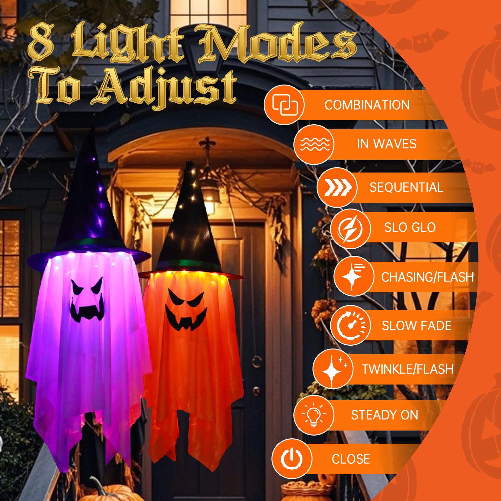 Kevsuvqin 2Pcs Hanging Ghosts Halloween Decor, Halloween Decorations Outdoor with 8Light Modes and Waterproof Battery Box, 42.5x