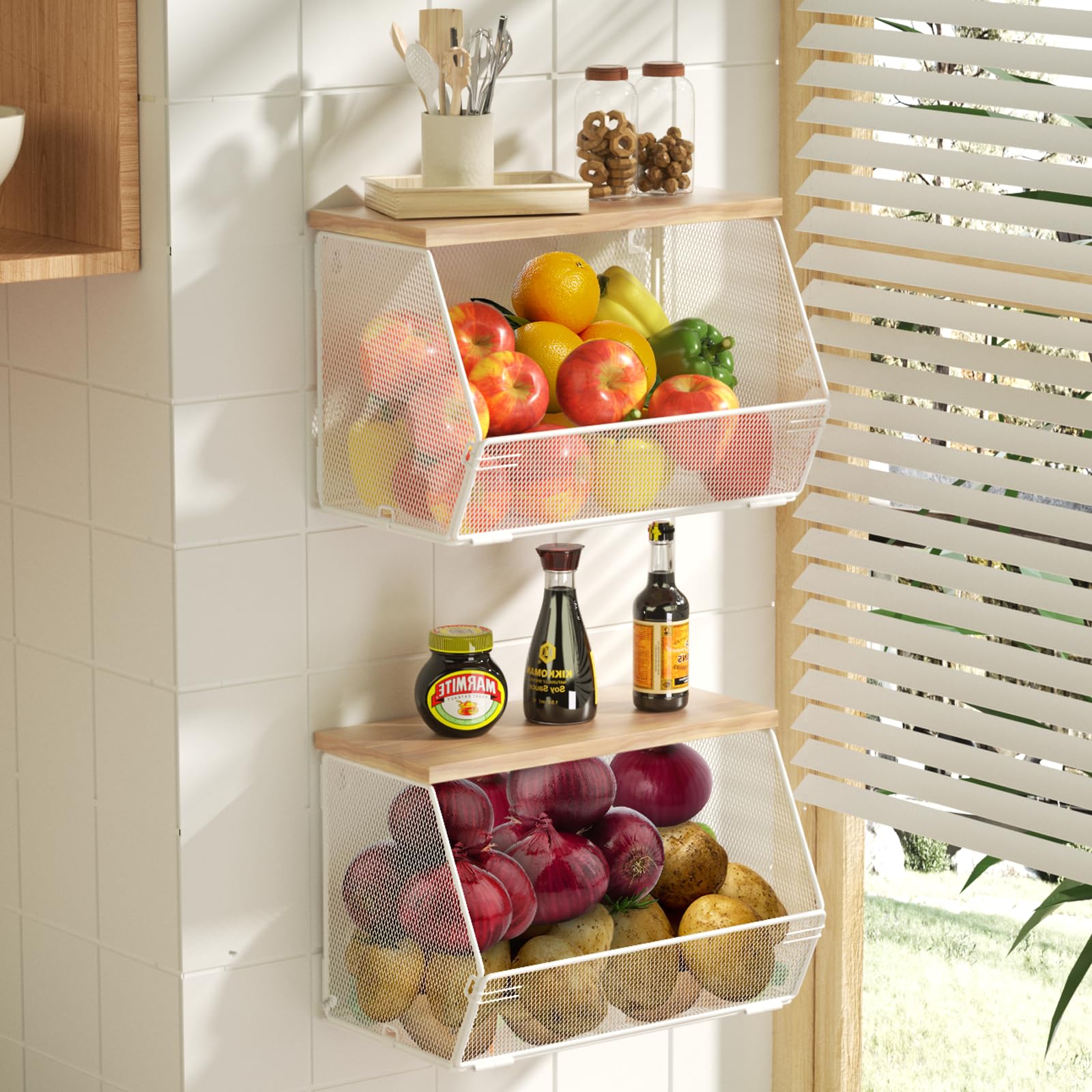 2 Tier Fruit Basket for Kitchen Counter, Stackable Onion and Potato Storage Basket, Wall Mounted Wire Basket with Wood Lid, Hang
