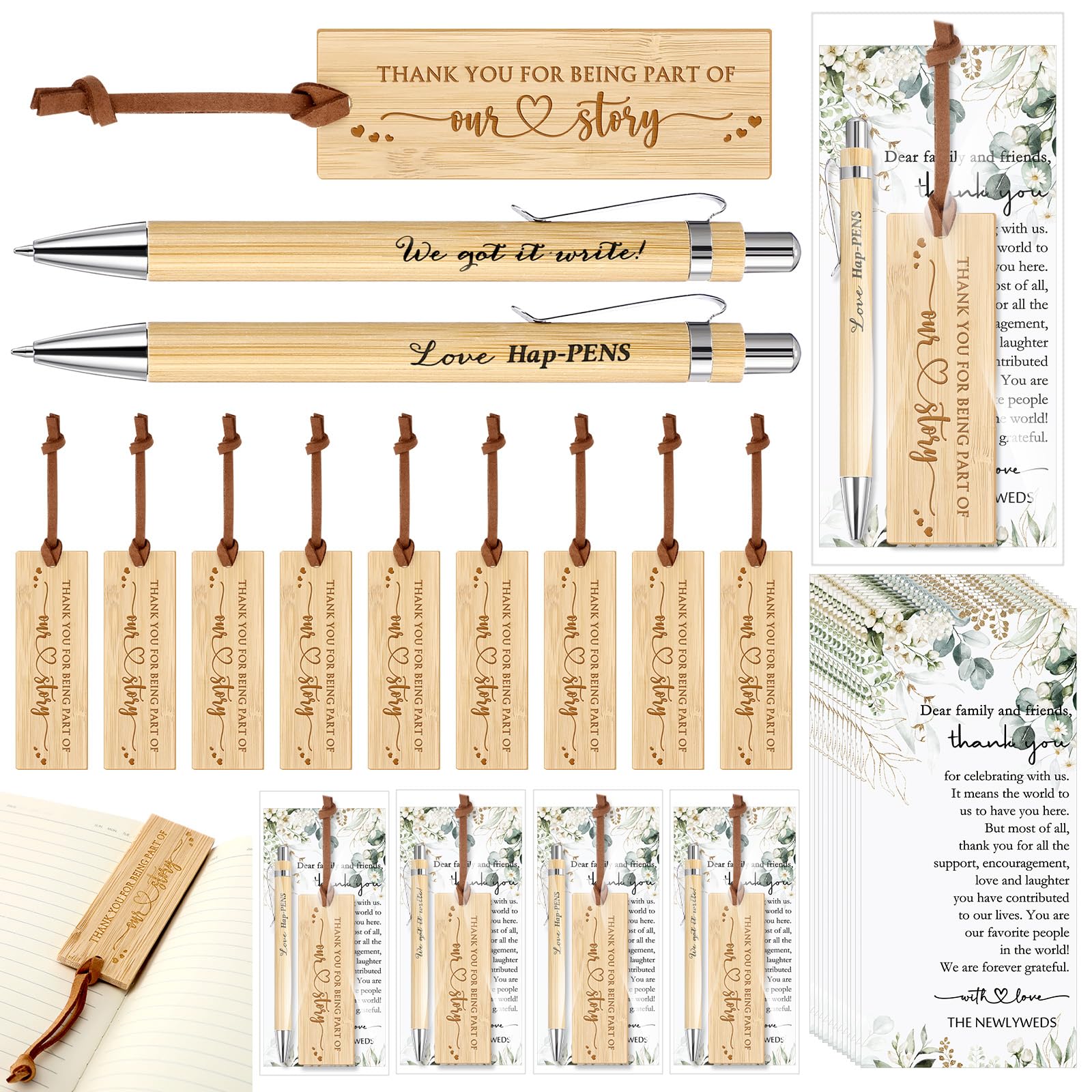 Skyygemm 25 Sets Wedding Party Favors for Guests Include We Got It Write Wood Bamboo Pens Bookmarks with Tassel Thank You Cards 
