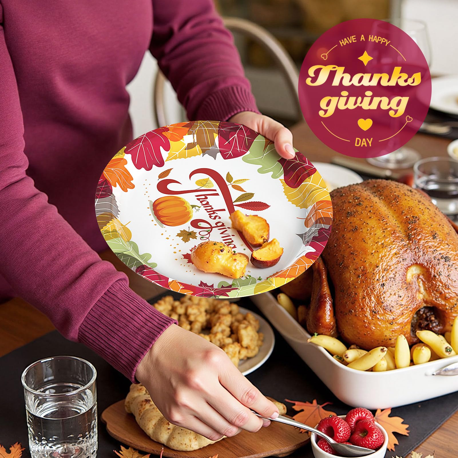 Gezond 50 Pcs Thanksgiving Paper Plates Oval, 10 x 12.5 Thanksgiving Plates Disposable with Pumpkin Maple Leaves Fall Plate for