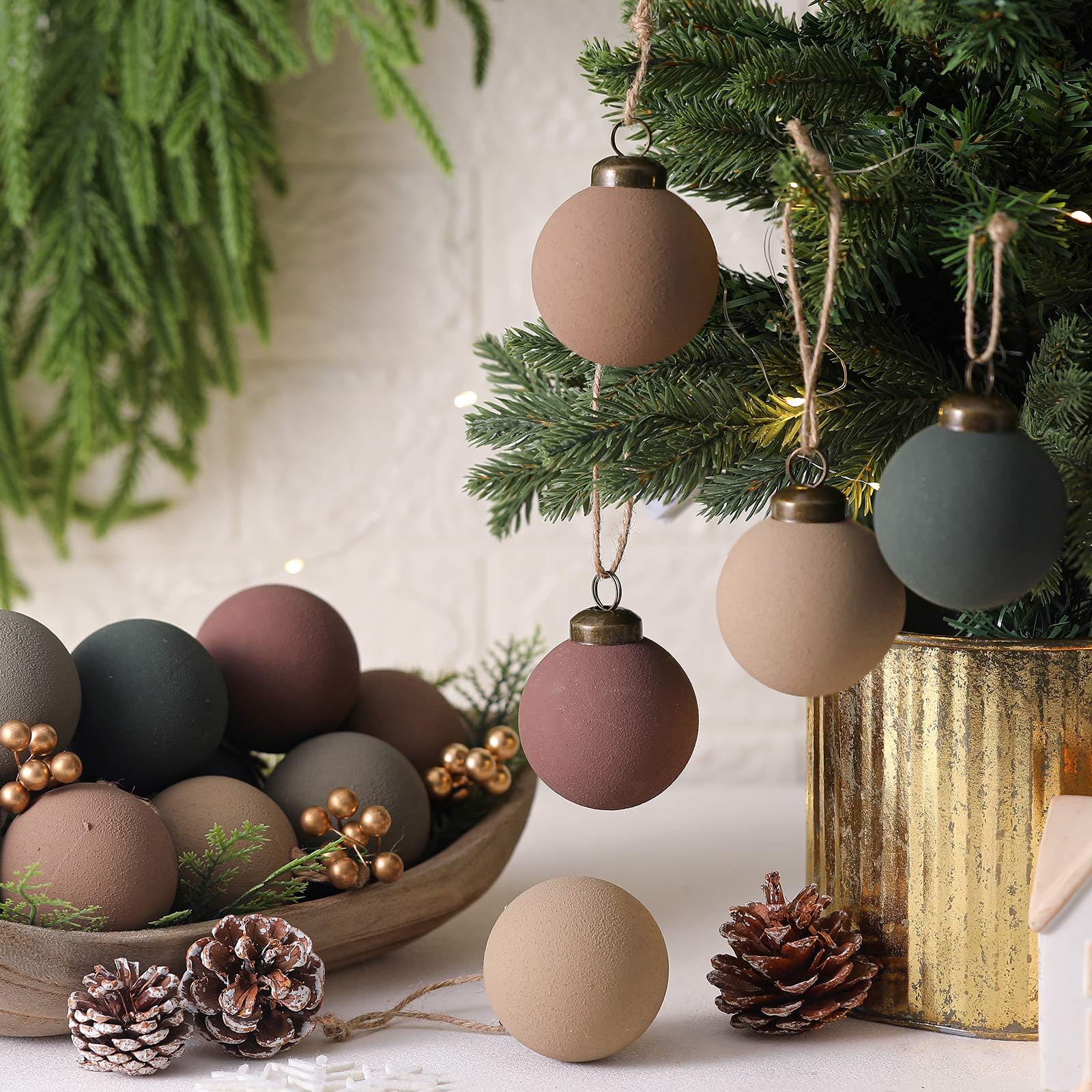 15 Pcs Neutral Matte Christmas Ball Ornaments 2.36'' Textured Rustic Boho Brown Taupe Pine Green Xmas Ball Ornaments Modern Chri
